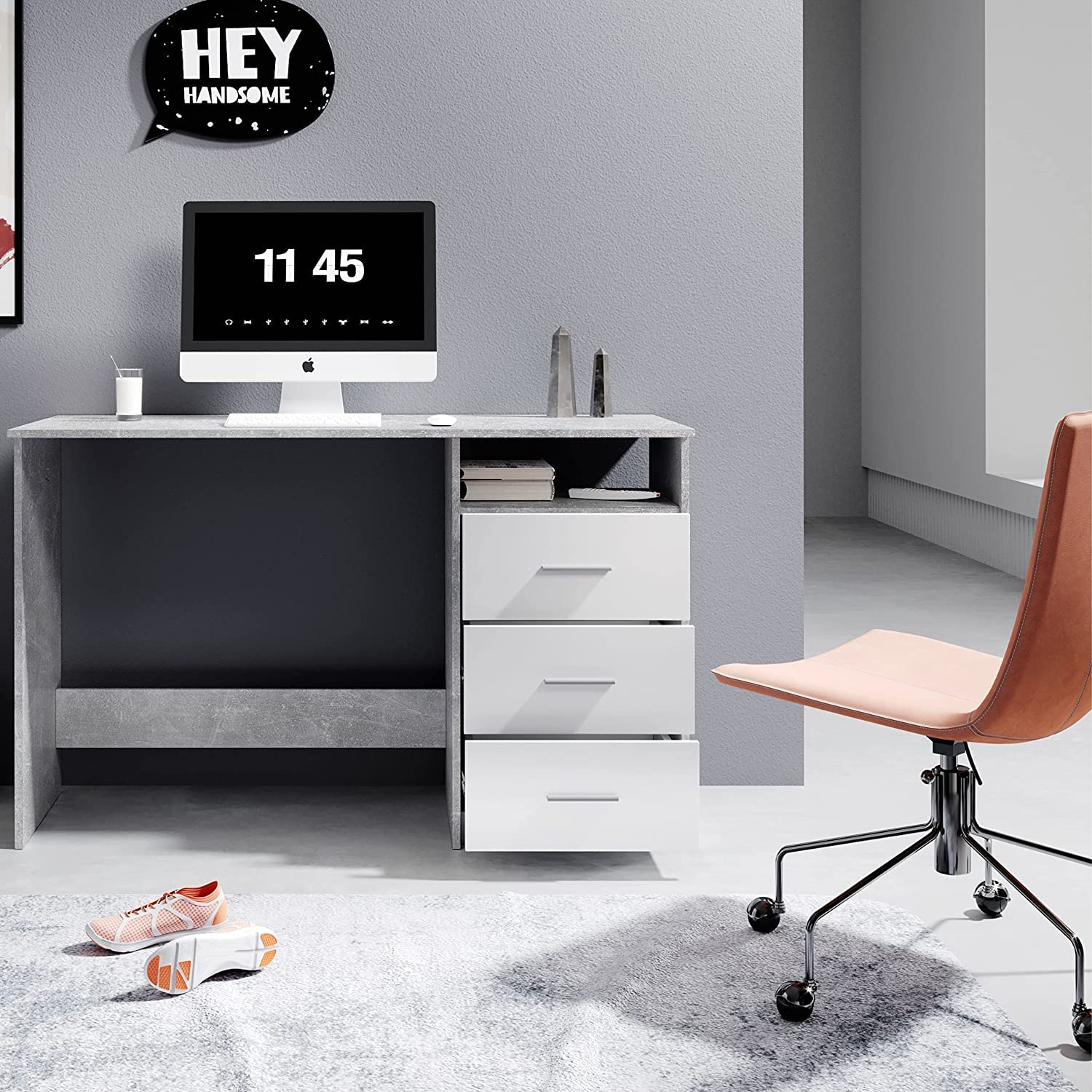 AVANTI TRENDSTORE - Adria - Scrivania con 3 cassetti bianchi ed 1 vano aperto, in legno laminato, disponibile in 3 diversi colori (Grigio)