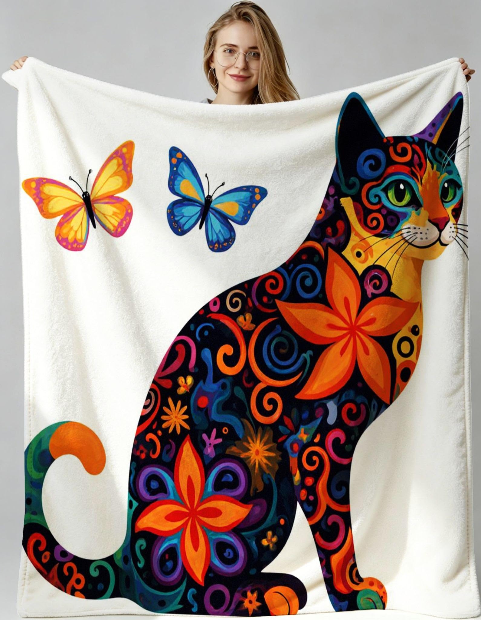 Couverture polaire chat papillon lavable en machine et grand format