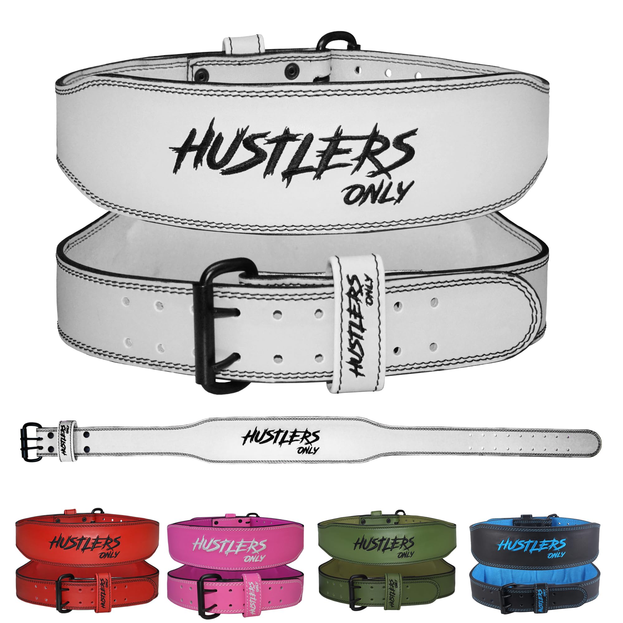 HUSTLERS ONLY Weight Lifting Belt for Men & Women – 7mm Thick Synthetic Leather Gym Belt 4” Padded Back Support - Weight Belt for Powerlifting, Bodybuilding, Deadlift, Squat Workouts (White - L)