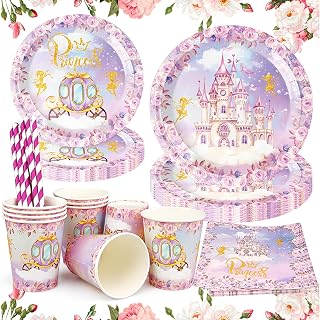 Decoración de Cumpleaños Infantil con Castillo 60 Unidades Juego de Vajilla de Papel Rosa y Dorado Decoraciones de Fiesta de Princesa para Boda Suministros de Fiesta de Cumpleaños para Niños y Niñas