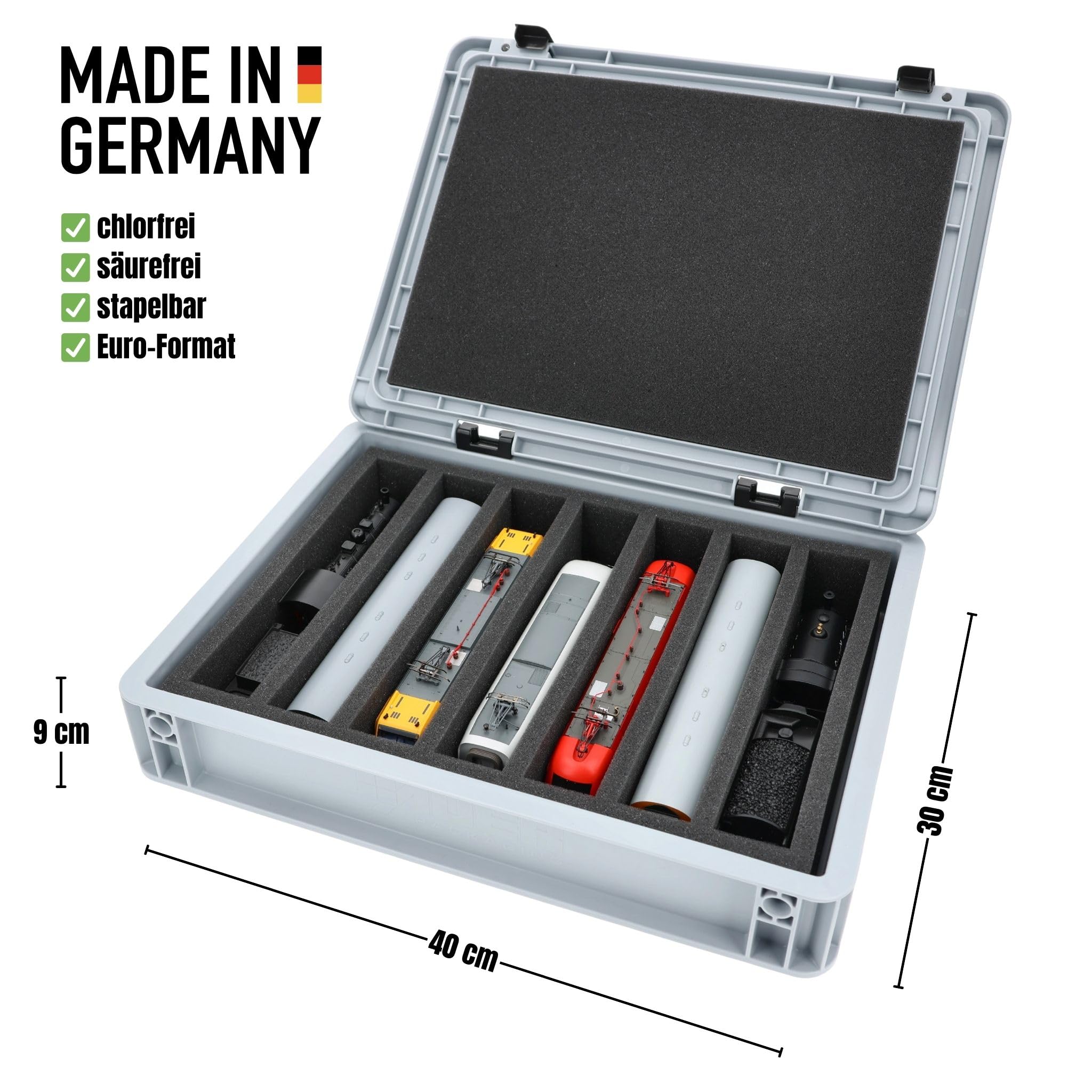 Feldherr Eurobox 40 x 30 cm Set für Modelleisenbahnen - Spur H0-7 Fächer - Schaumstoffeinlage für stehende Aufbewahrung - kompakte Transportlösung für Loks und Waggons