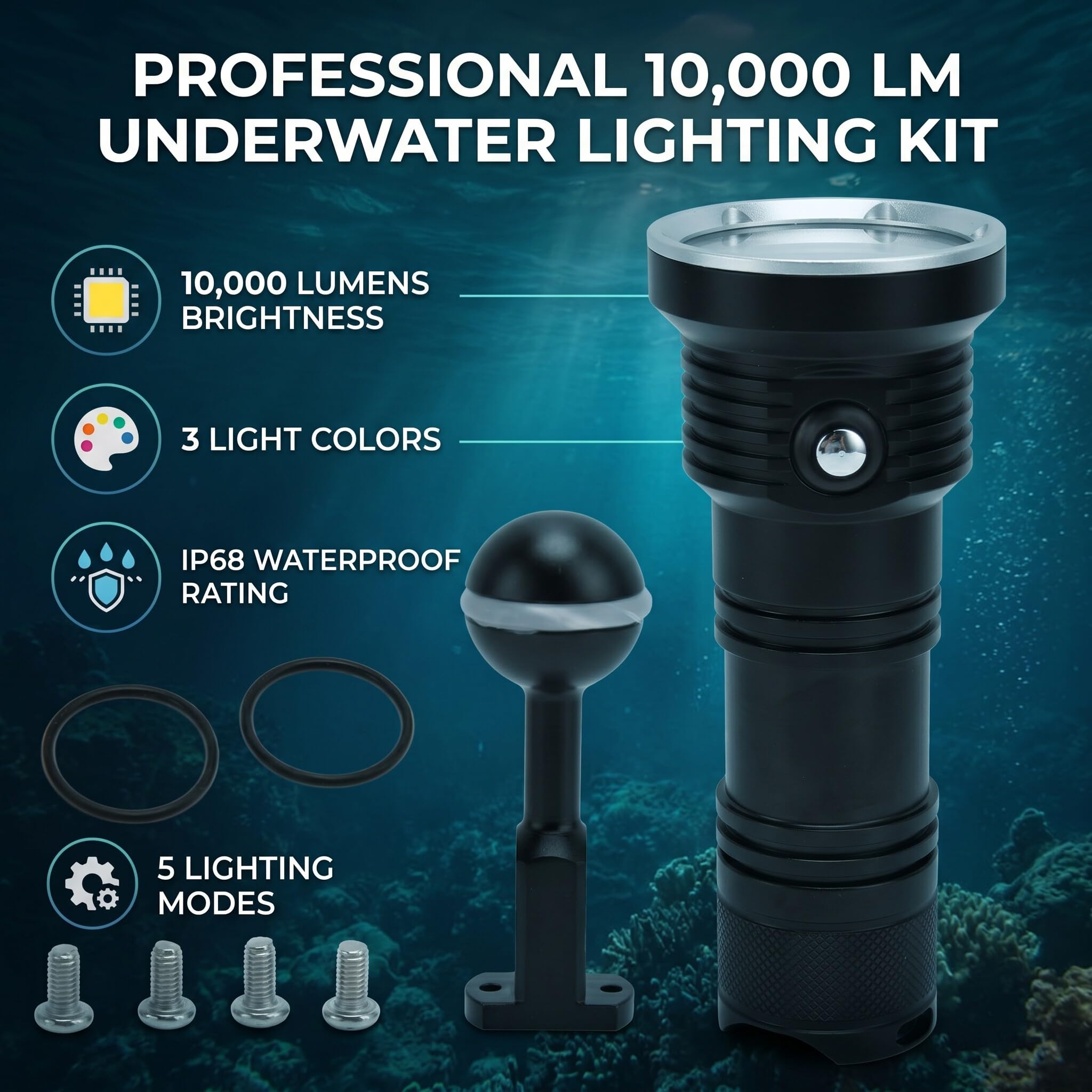Linterna de Luz de Buceo de 10000 Lúmenes con 12 LED, 3 Colores de Iluminación, 5 Modos, IP68 Resistente Al Agua, Aleación de Aluminio para Exteriores, Pesca, Camping