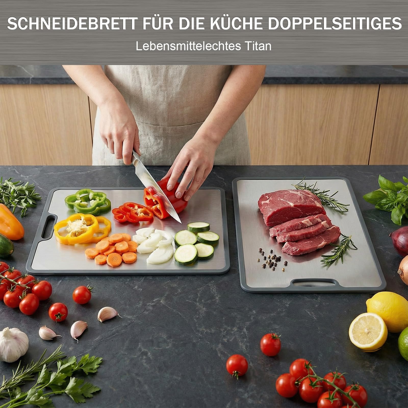 3 Stück Schneidebrett Titan Set, Schneidebrett Edelstahl mit Rutschfesten | Silikonecken Doppelseitiges & BPA Frei, Stainless Steel Cutting Board für Gemüse Fleisch Obst Brot Fisch Käse