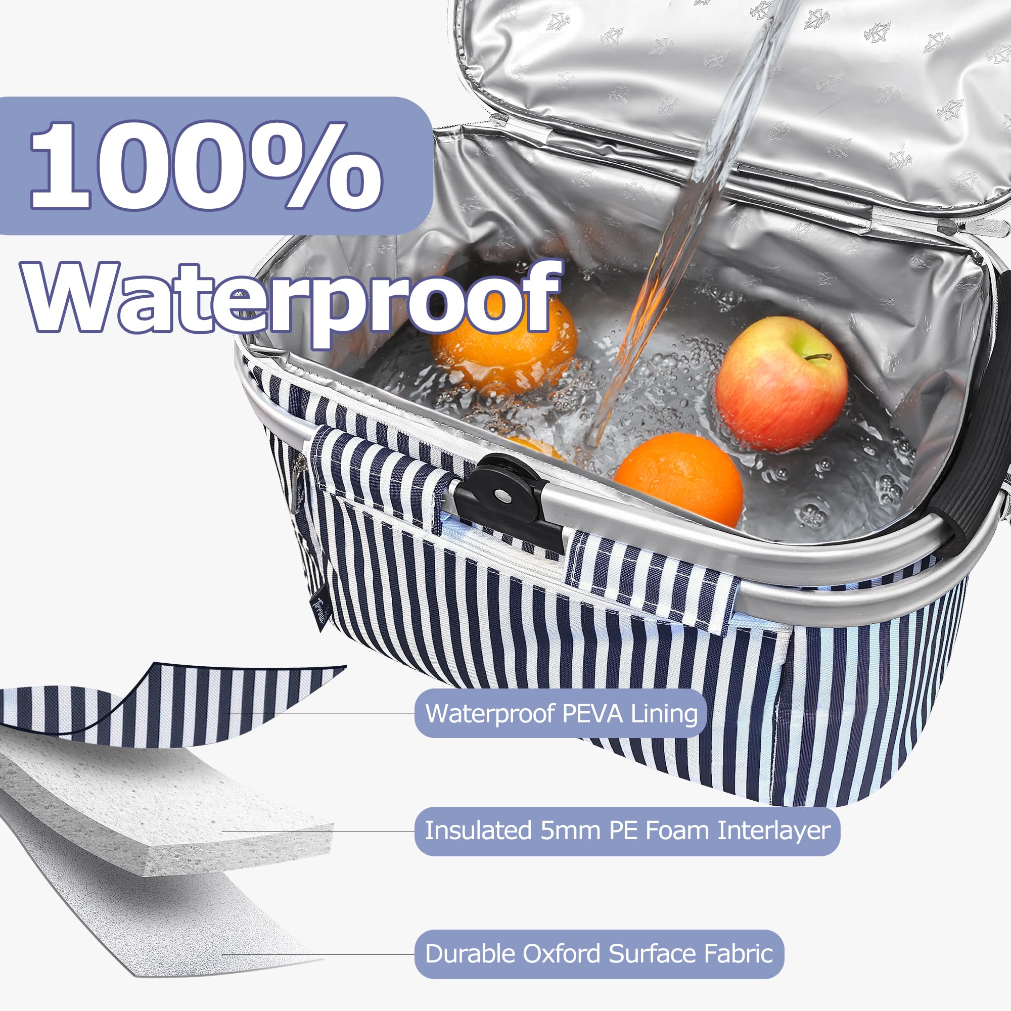 Kato Tirrinia 34 L Einkaufskorb faltbar kühltasche mit Deckel, picknickkorb 2 personen mit Bestecktasche, Aluminiumrahmen picnic basket, 42.67×24.6×25.4cm, für Einkäufe, Reisen und Picknick (Streifen)