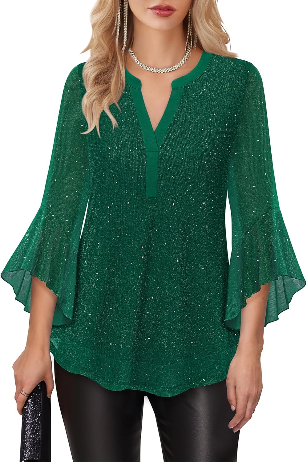 Lotusmile Women's 3/4 Sleeve Dressy Tops Elegant V Neck Blouse for Women Casual Work Evening Party