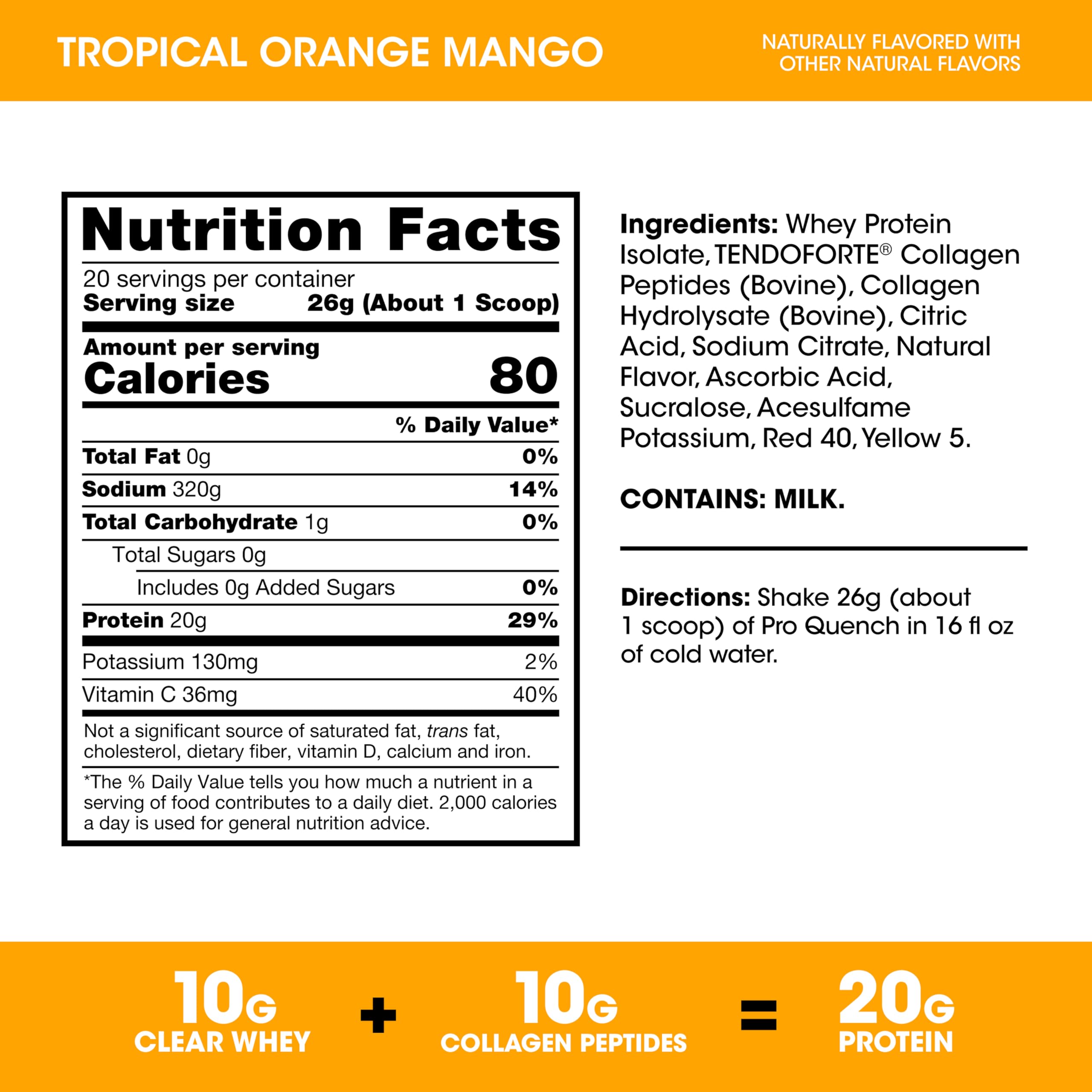 Optimum Nutrition Pro Quench, 10g Clear Protein, 10g Collagen peptides & Electrolyte Powder Drink Mix, Tropical Orange Mango, 20 Servings, 520 Grams (Packaging May Vary)