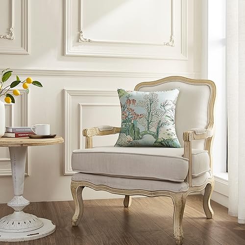 Miniatura 3 de BLESFEST Paquete de 2, funda de almohada chinoiserie 16 x 16 pulgadas, fundas de almohada azul y rosa de paisaje asiático, fundas de cojín de lino