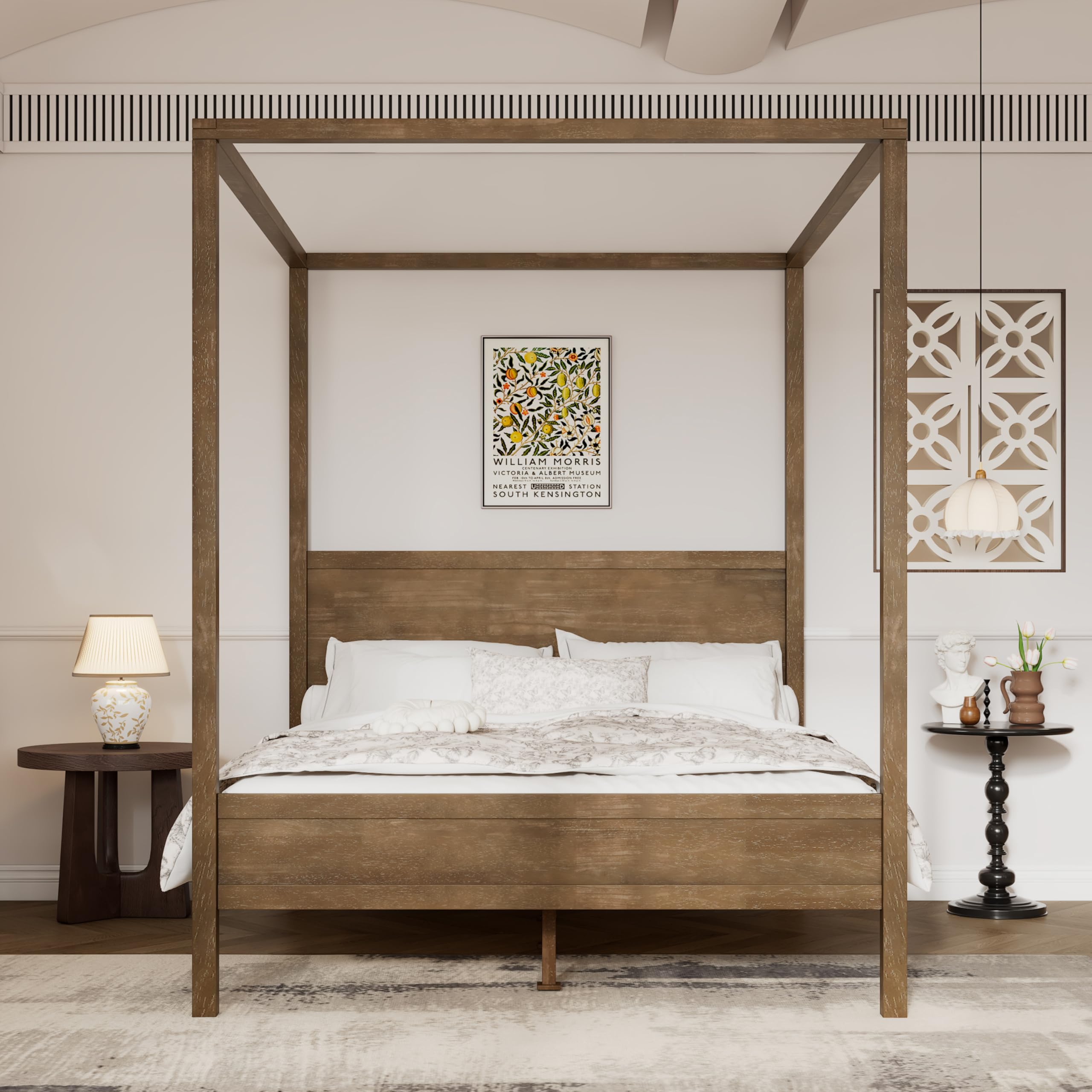 Photo 1 of Christopher Knight Home Darnel Wooden Canopy Bed Frame Queen Size with Headboard, 4 Poster Platform Queen Bed Frame, Strong Wood Slat Mattress Support, No Box Spring Needed, Antique Natural