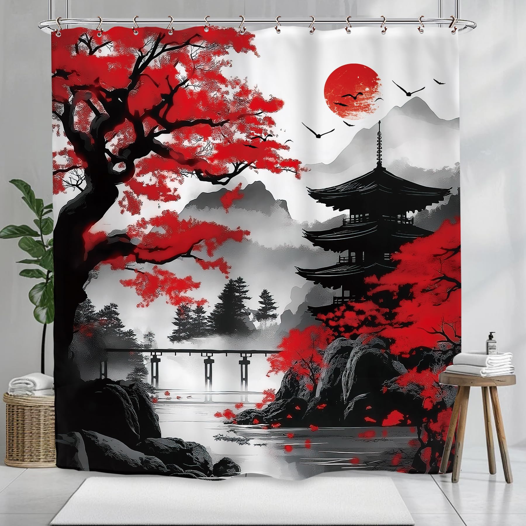 Uiyiui Multicolor-1 Japanese Shower Curtain 72X72in/183X183cm/Wxh Black Red Cherry Blossom Mountain Asian Chinese Bathroom Decor Curtains, Waterproof Polyester Fabric Shower Curtain For Bathroom With Hooks
