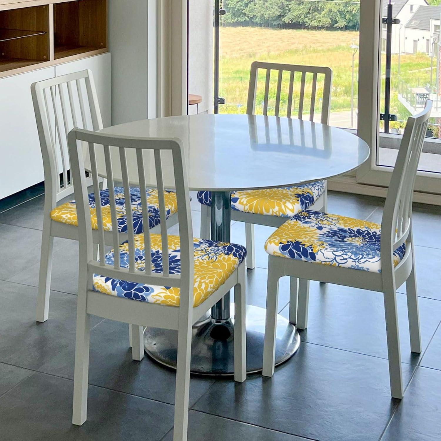 Flower Blue Floral Yellow Dining Square Chair Seat Covers 16.9" Six Piece, Stretch Fitted Sofa Cushion Cover Replacement Removable, Chair Slipcovers for Party Office Decoration
