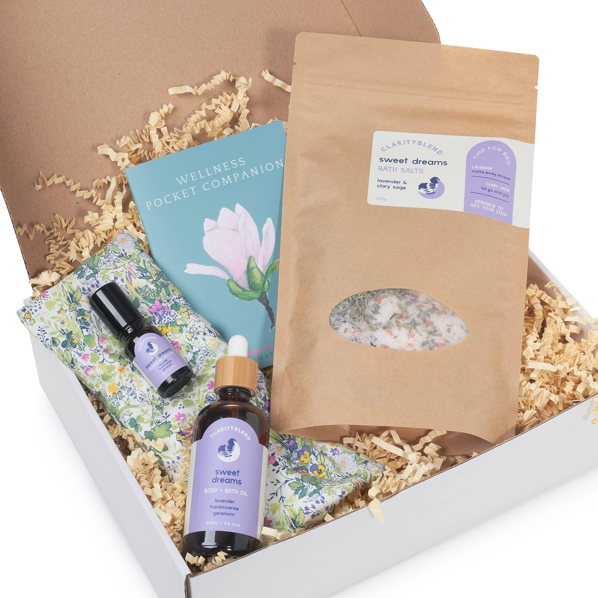 Clarity Blend Aromatherapy – Personalised Pamper Gift Sets for Women, Relaxation Spa Set, Pamper Hamper with Body Oil, Roller Ball, Bath Salts, Yoga Eye Pillow - 100% Pure and Natural (Sweet Dreams)