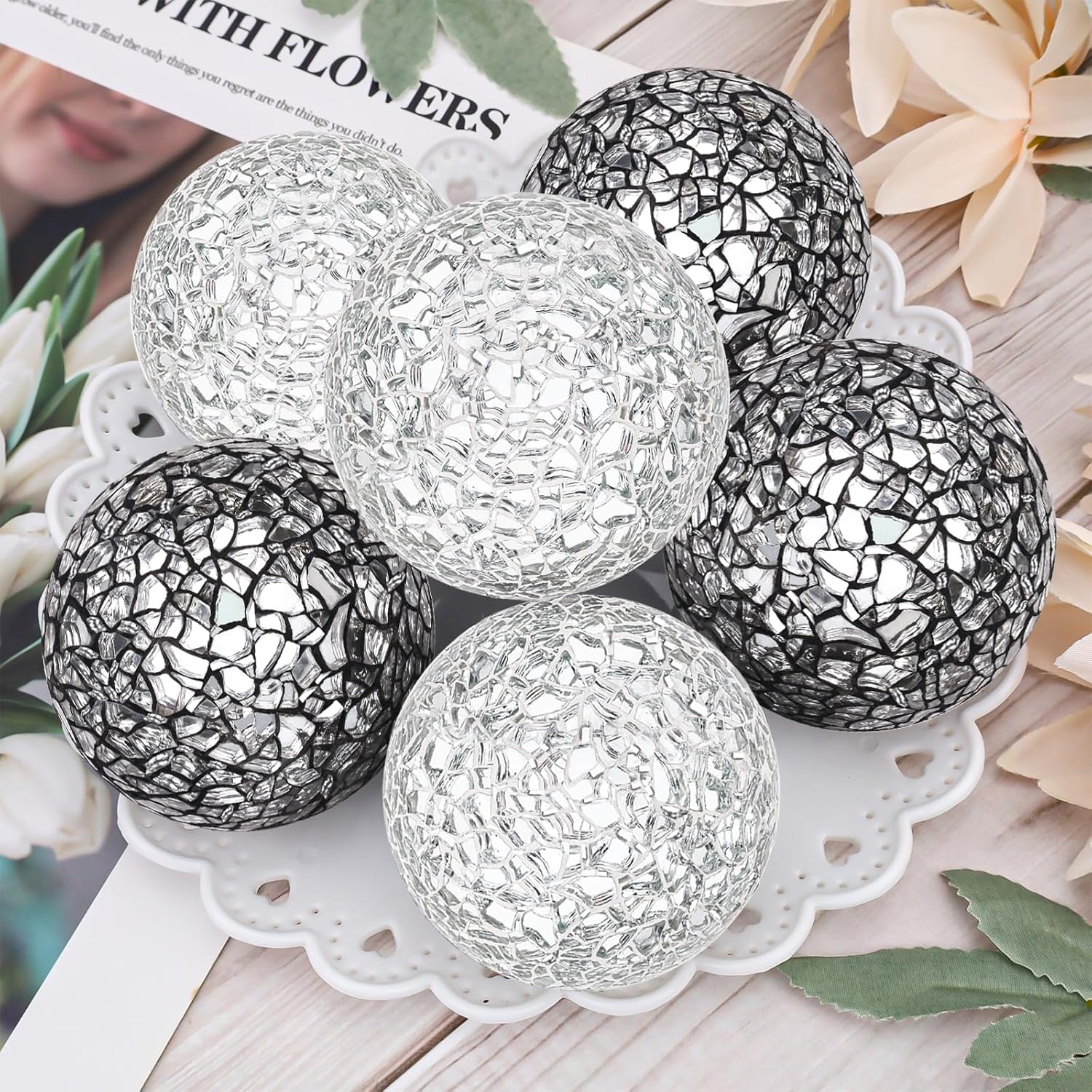 6 Pack Black Decorative Balls for Bowl,2.4 Inch Silver Decorative Glass Balls for Bowls Vase Filler,Mosaic Crack Orbs Decorative Balls for Table Centerpiece,Christmas Thanksgiving Decorations