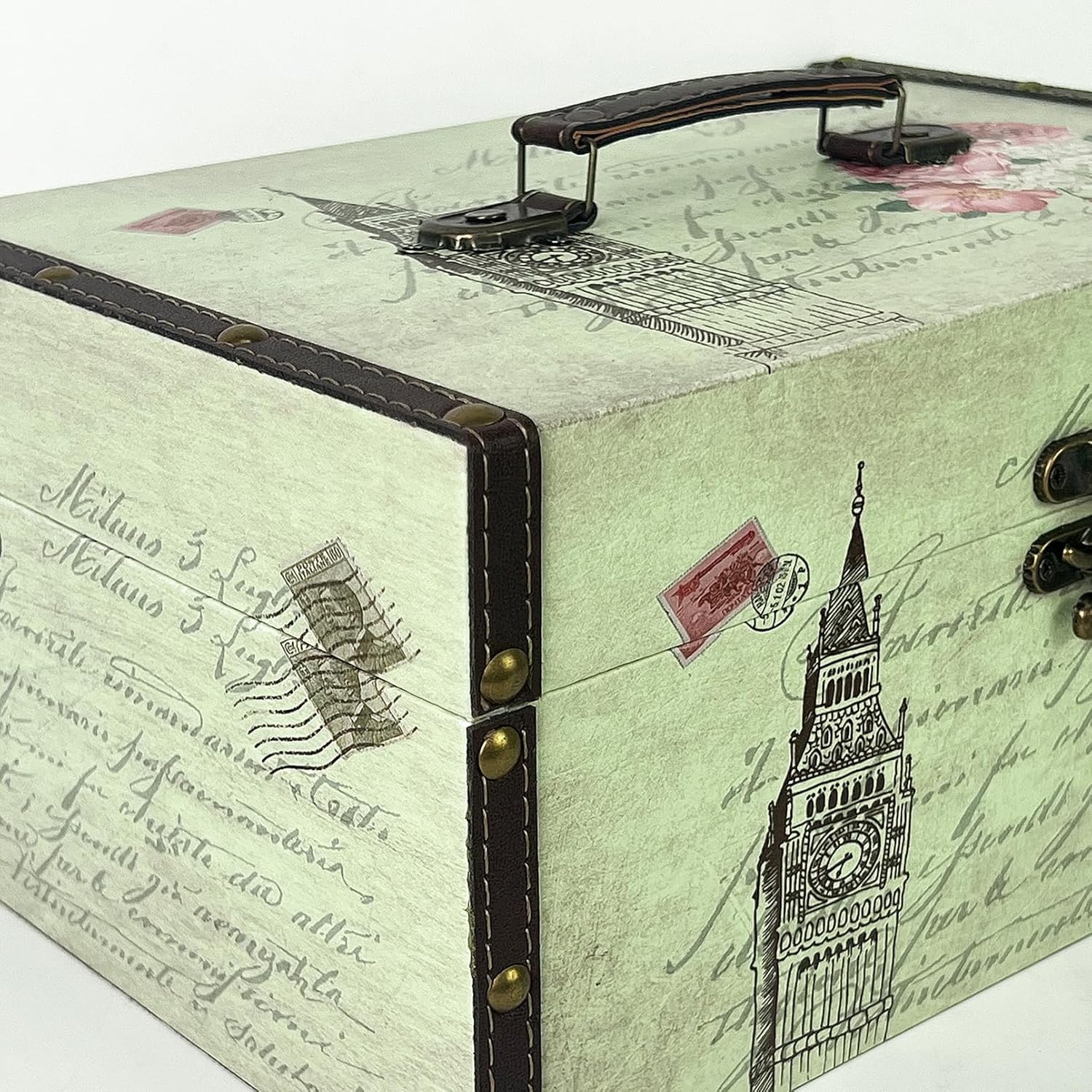 DreamsEden Small Wooden Decorative Storage Box with Handle - Wood Leather Treasure Chest Trunk Keepsake Vintage Suitcase, 11.8" x 7.8" x 5.9" (Tower)
