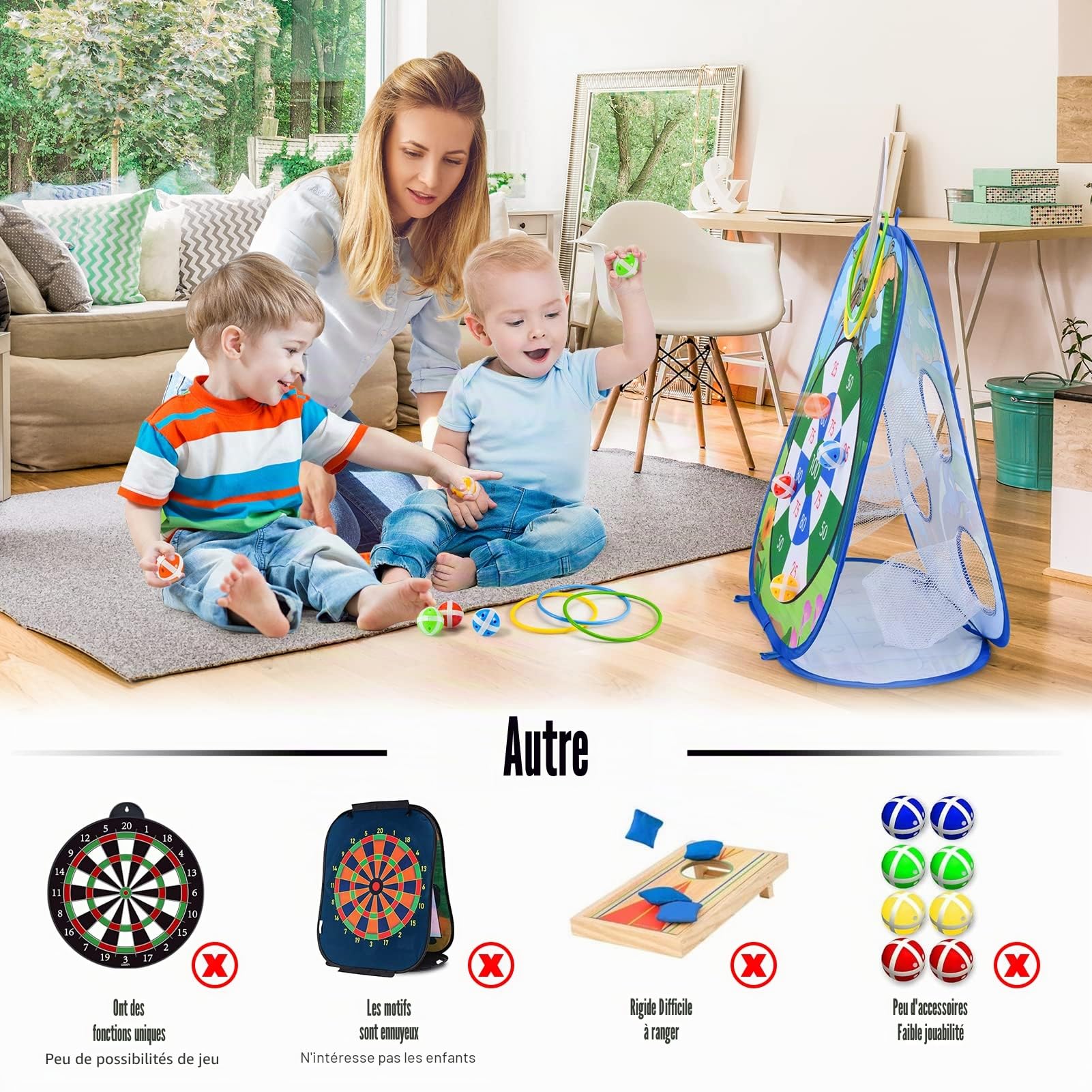 5 en 1 Jeu de Fléchettes, Bean Bag Toss Game, Morpion, Jeu de Pitching et Jeu de Lancer d'anneaux, Jouet de Fête Intérieurs et Extérieurs Garçon Fille et Adulte
