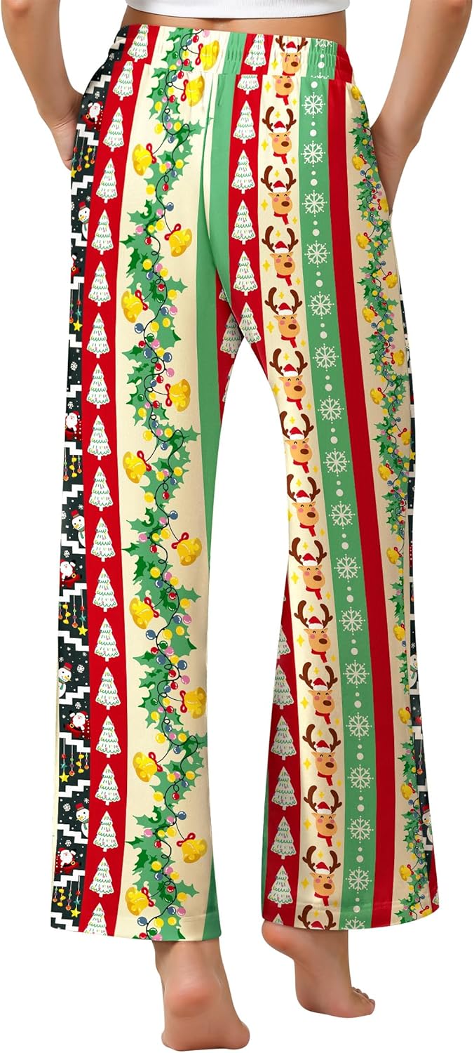 Christmas Pajamas Bottoms for Women Santa Claus Snowman Print Wide Leg Pj Pants with Pockets Lounge Sleepwear - Image 3