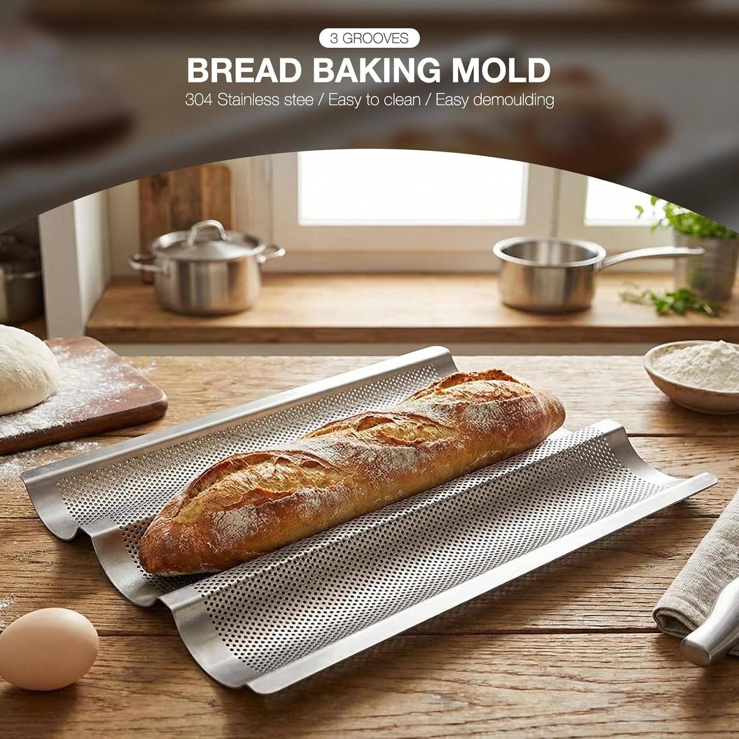 French Bread Baking Pan Non-Stick Perforated 3 Loaves Long Italian Bread Pan Mold Baking Tray for French & Italian Perforated