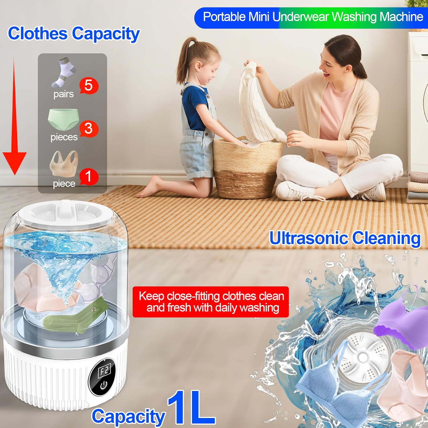 Portable Washing Machine,2025 Upgraded Mini Washer for Underwear,Bras,Socks,Baby Clothes,Rechargeable Cordless Washer Deep Cleaning Small Items,Used for Travel, Camping, Apartments, Dorm, RV, Hotel
