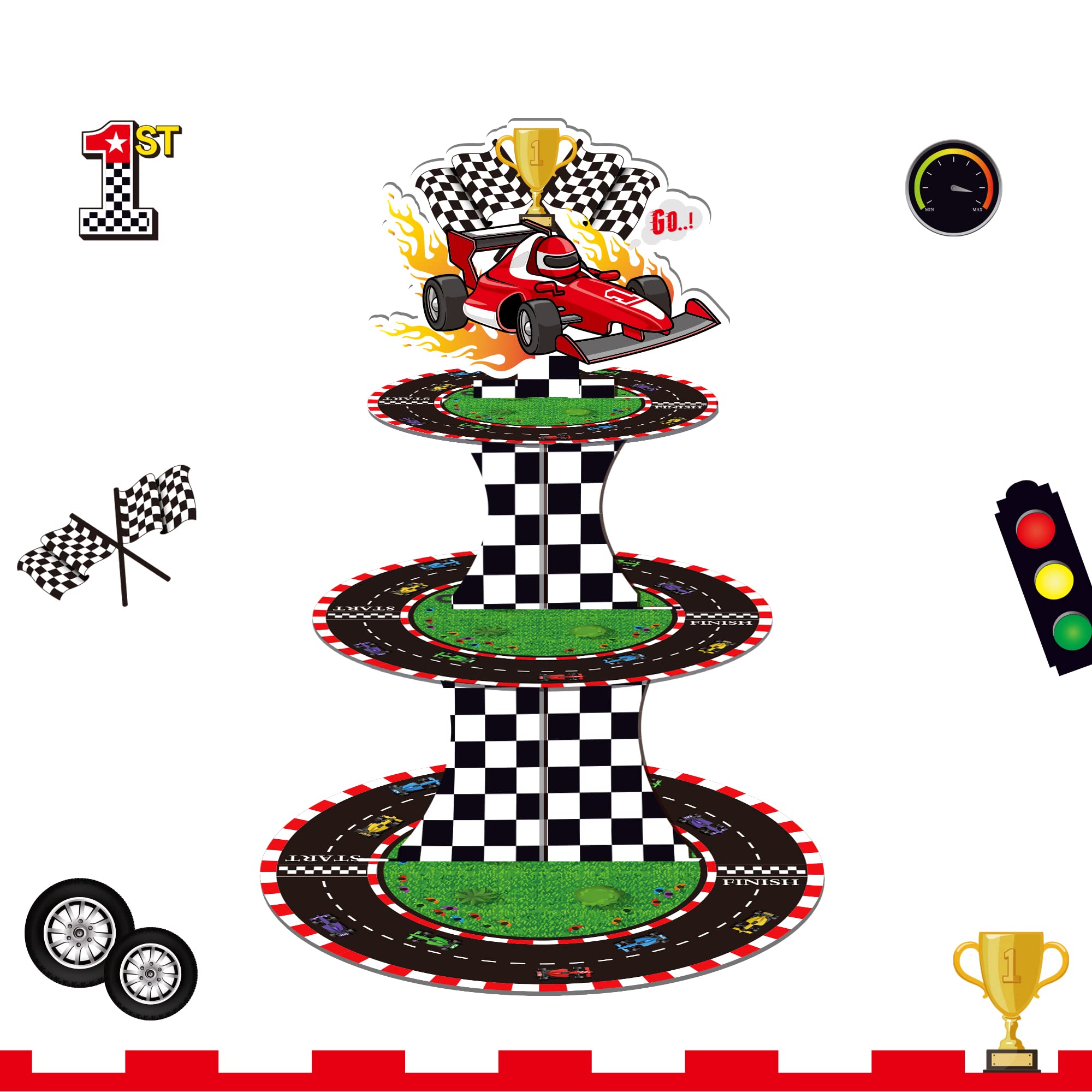 CC HOME Racing Cupcake Stand 3 Tier Racing Car Party Supplies Cake Stand Sliding track Racing Flag 3 Tier Cake Cupcake Stand for Kids Birthday Party