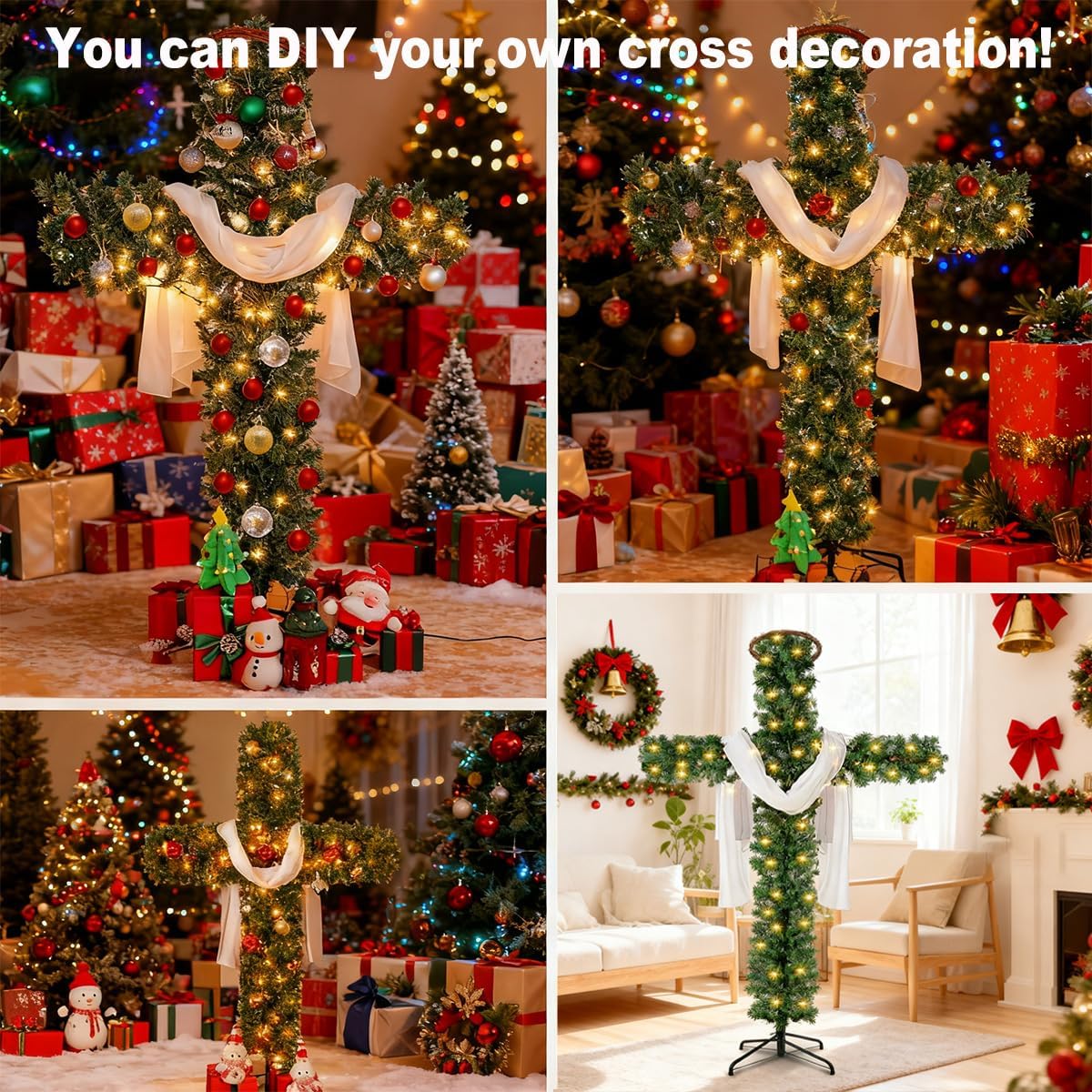 Christmas Tree Shaped Like a Cross, Foldable Cross Christmas Tree, Pre-Lit Artificial Pine Christmas Cross, with Light String, White Scarves and Wooden Rattan Ring, Large Christmas Decorations(6ft)