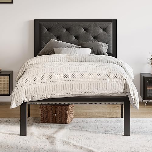 Miniatura 34 de Allewie Base de cama Queen con cabecera tapizada, diseño elegante copetudo cosido de diamante, no necesita somier, gris oscuro Gris oscuro,Negro