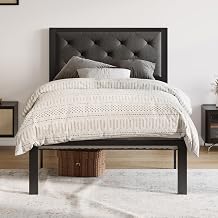 Allewie Twin Bed Frame with Upholstered Headboard, Chic Diamond Stitched Tufted Design, No Box Spring Needed, Dark Grey