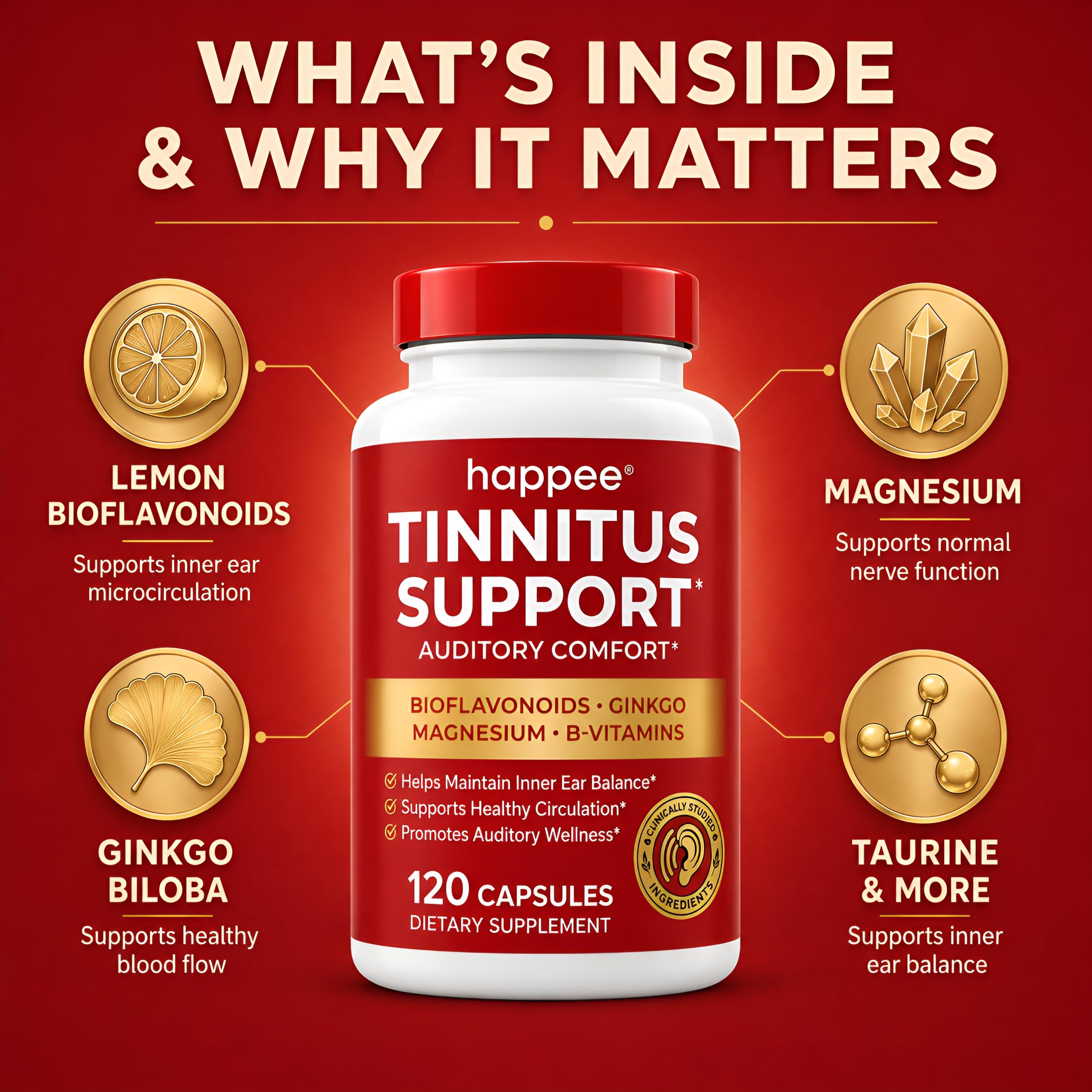 Happee Tinnitus Supplement for Ringing Ears, Bioflavonoids & Ginkgo, 120ct — Amazon image 2