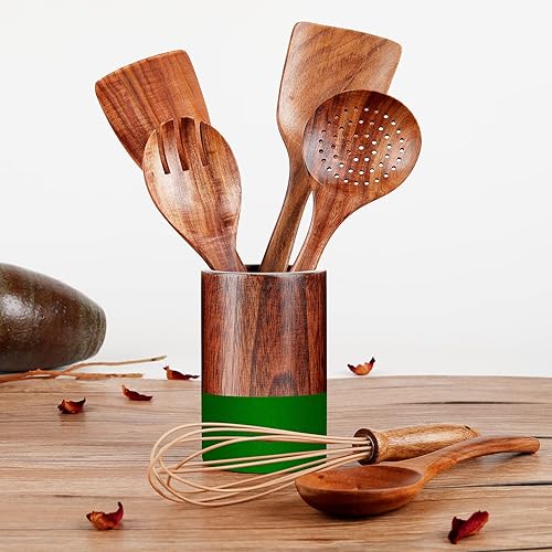 Miniatura 7 de Soporte de madera para utensilios de cocina para encimera, organizador de utensilios de teca, soporte de madera para utensilios de cocina, para