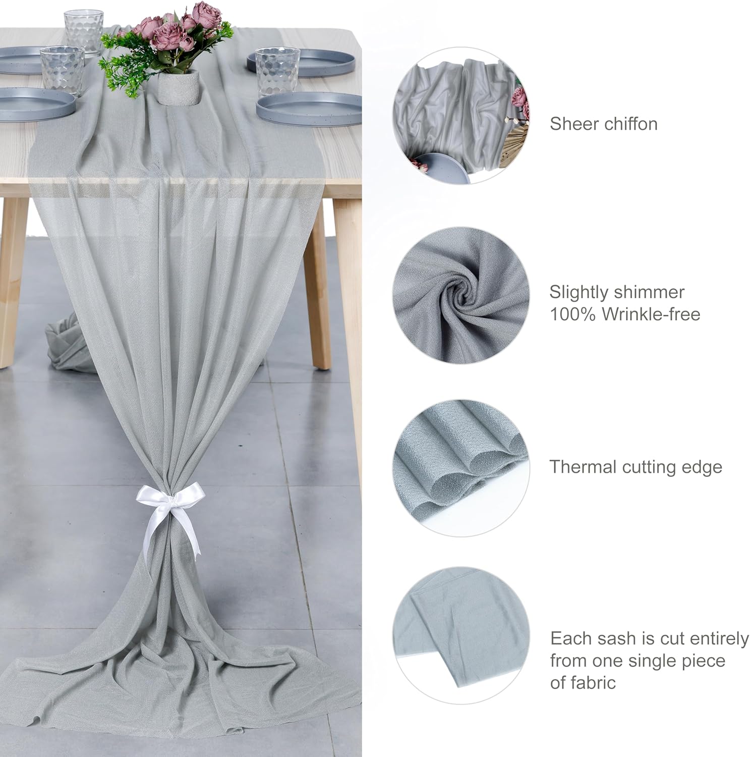 MDS 10 Pack 10ft Chiffon Table Runner 29 x120 Inches Sheer Wedding Runner Romantic Rustic Table Runner for Wedding Decorations, Birthday Parties, Bridal Shower Party Arch Decor - Gray