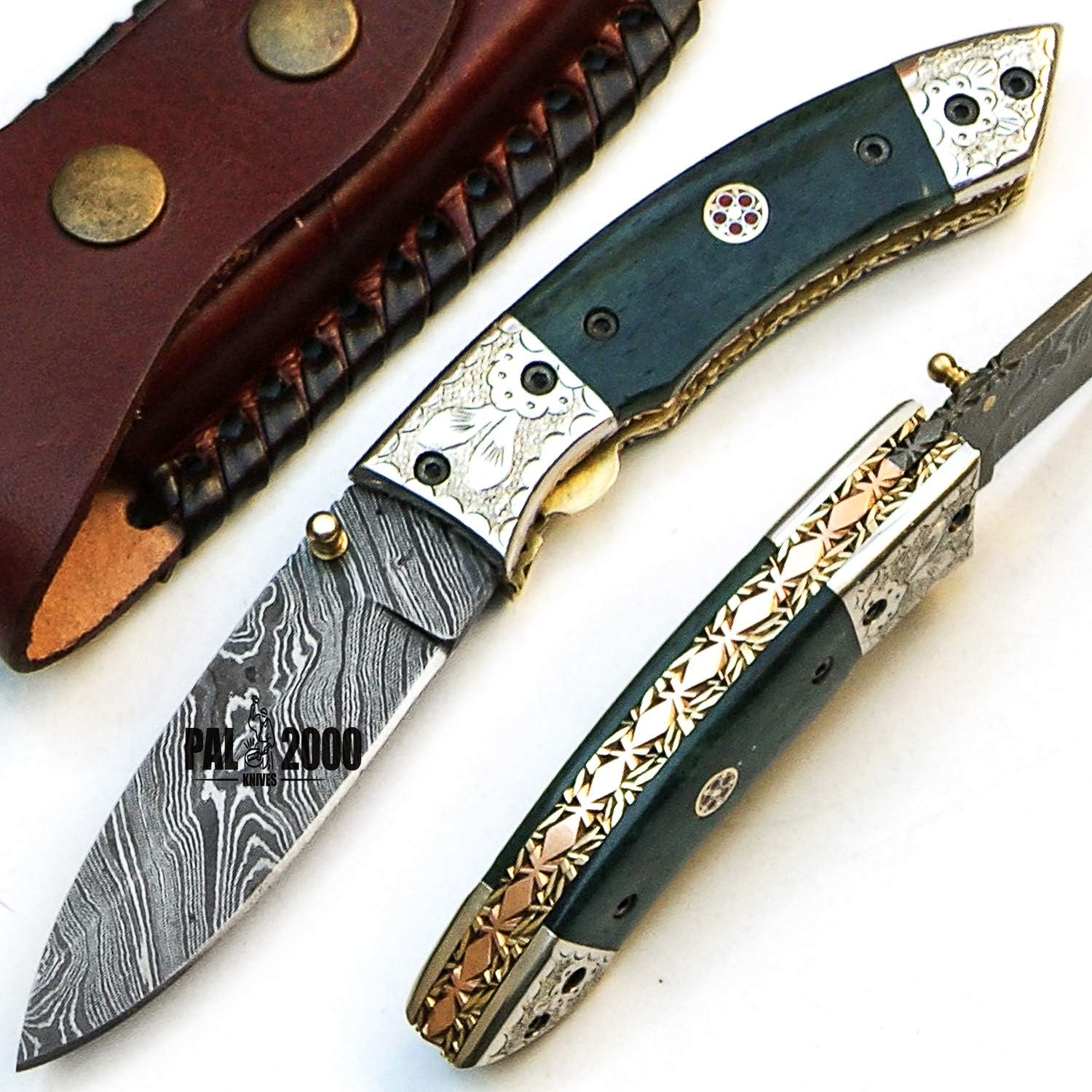 PAL 2000 KNIVES Custom Handmade Damascus Steel 7.4 Inches Folding Pocket Knife - Stained Bone Handle 9455