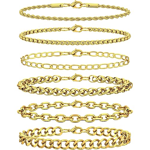 6PCS Stainless Steel Bracelets for Men Women, Silver Gold Black Cuban Link Rope Box Wheat Chain Paperclip Figaro Jewelry Set, 7/8/9 Inches