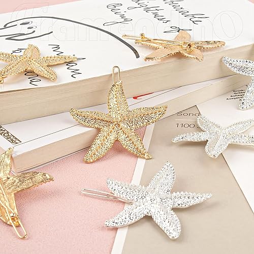 Miniatura 10 de Framendino, Paquete de 8 pinzas para el cabello de estrella de mar, horquilla de sirena para mujeres y niñas, color dorado