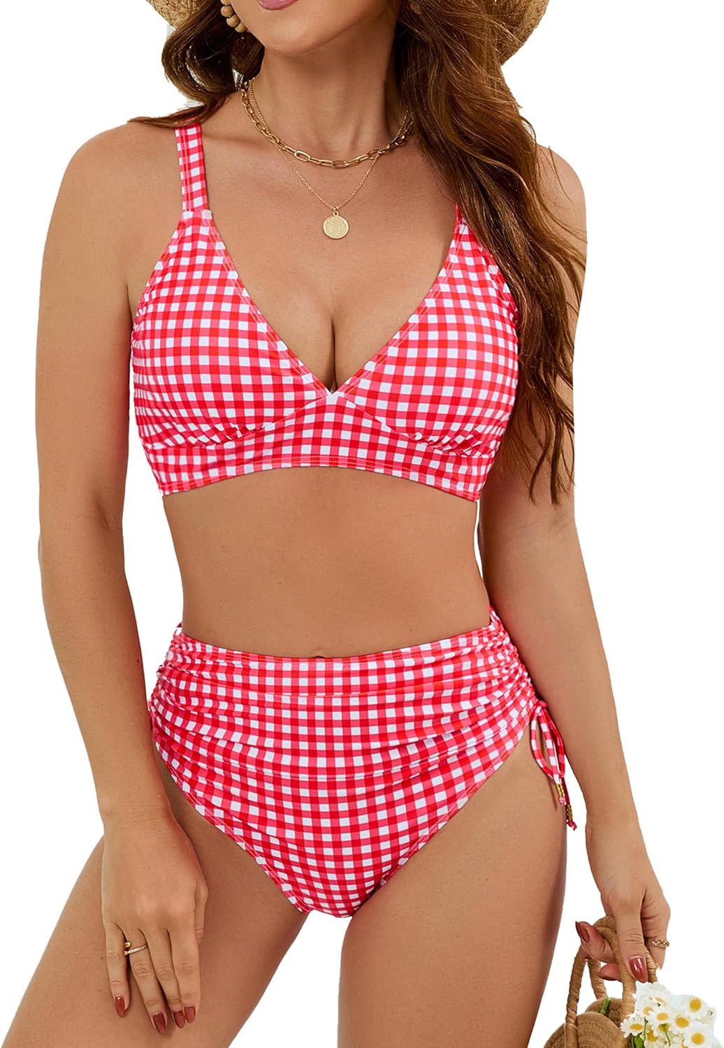 Edelqual Women High Waisted Bikini Sets Tummy Control Swimsuits Two Piece Bathing Suit 2025 Full Coverage Swimwear Red White Plaid X-Large - Image 1 of 7