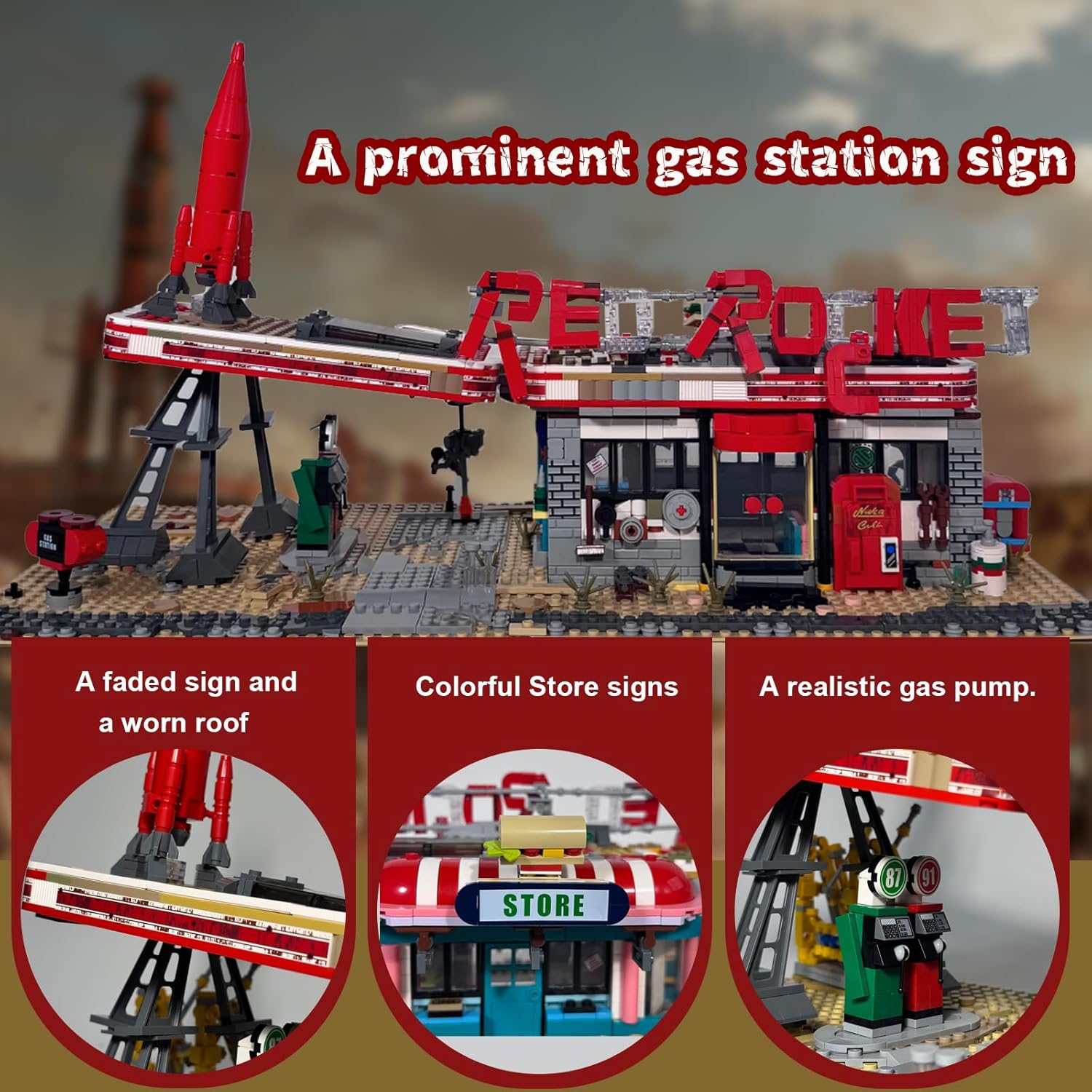 Red Rocket Gas Station Building Sets for Adults, Store Modular Building Architecture with Figures, Collectibles Toys Ideal Gifts & Christmas Home Decor for Game Fans (2267 Pcs)