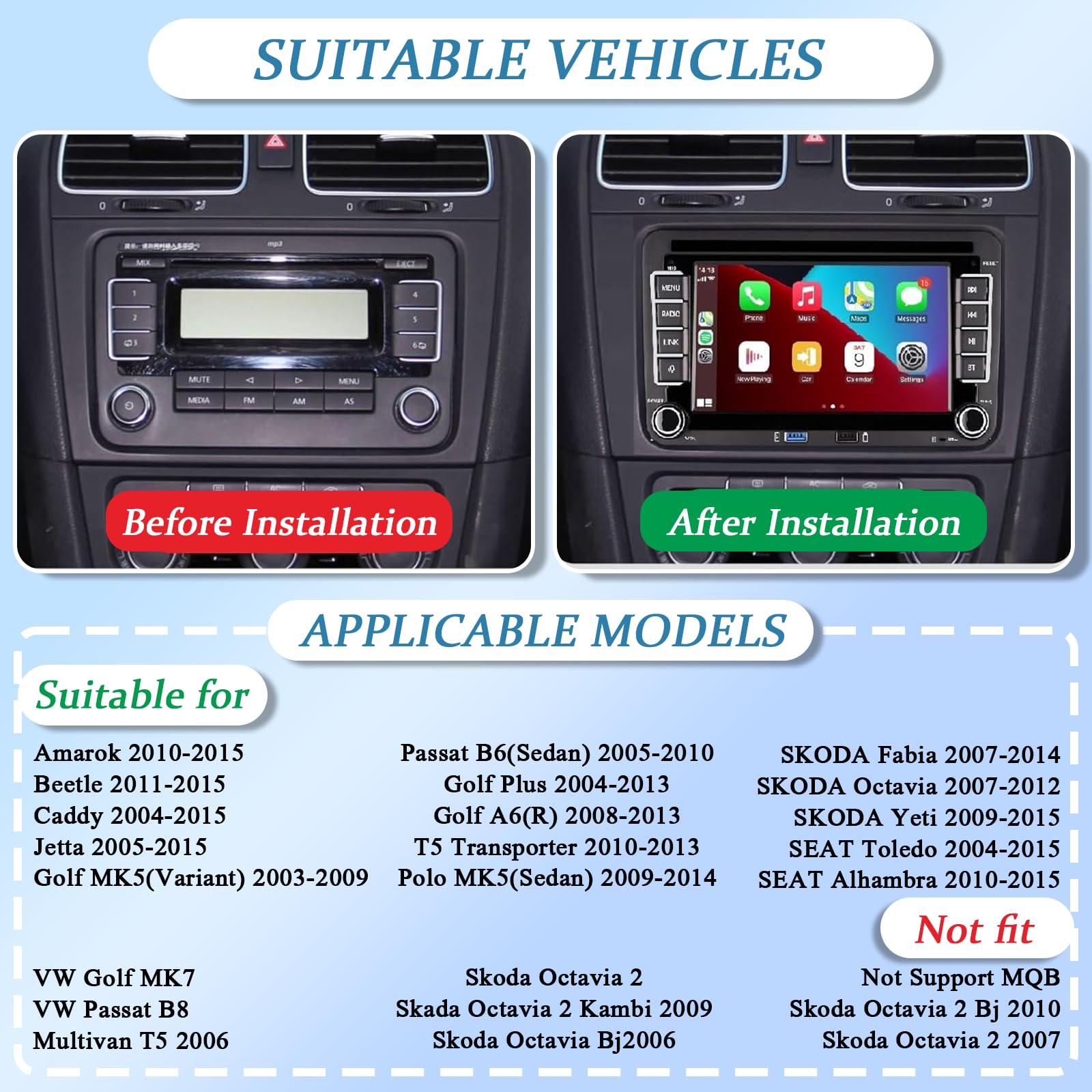 VW Auto radio of Golf 5 6 Doppio Din compatibile con CarPlay wireless/Android Auto per VW Polo Passat Caddy EOS T5 Touran con 7 Pollici IPS Mirror Link Bluetooth/FM/AM/USB/EQ/SWC