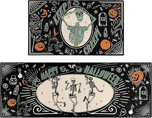 Faptoena Juego de 2 tapetes de cocina de Halloween, diseño de esqueleto espeluznante, antideslizantes, lavables para decoración del hogar,