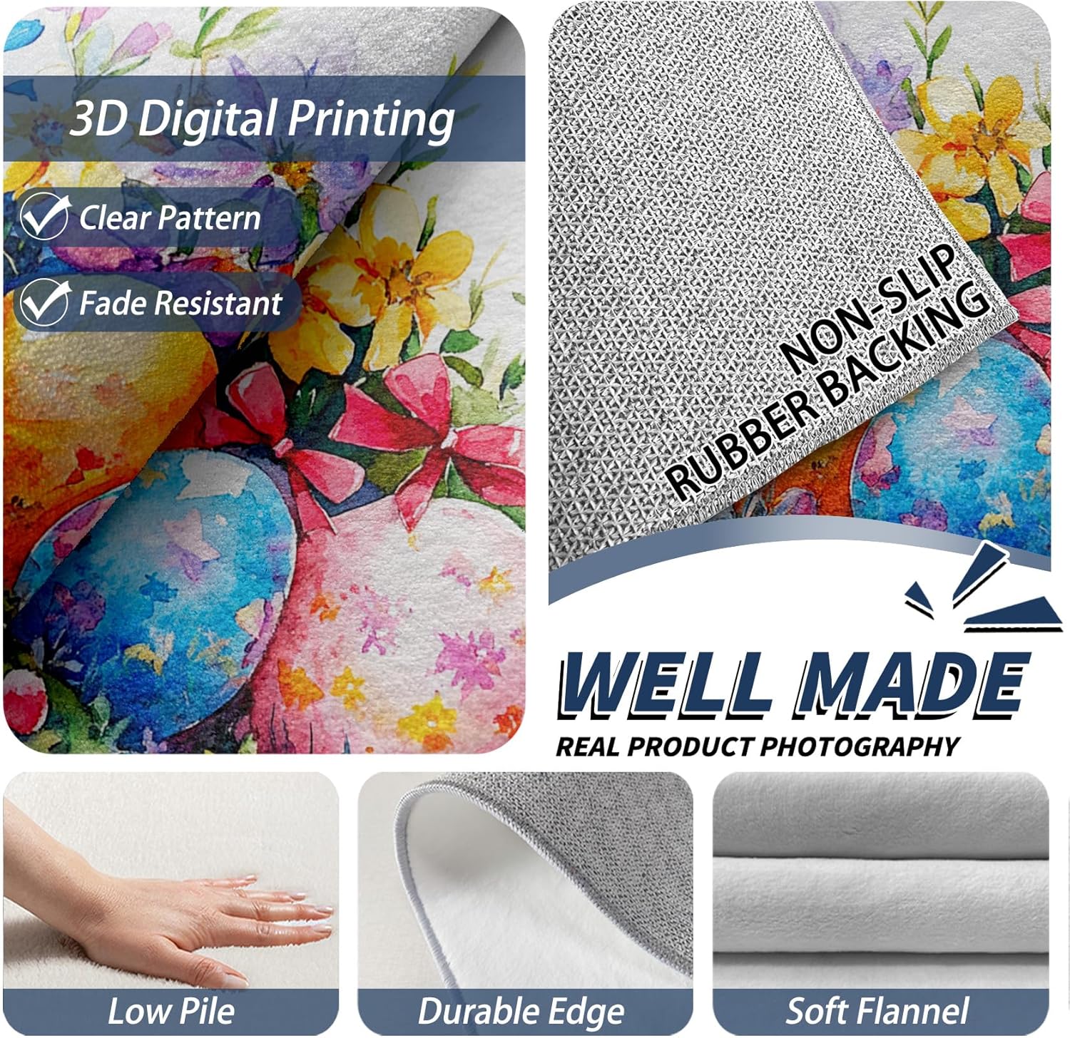 Easter Rug for Front Door - 3x5 Rug, Easter Egg Door Mat Indoor Entrance, Colorful Floral Entryway Throw Rugs, Spring Carpet, Easter Home Decor & Gifts