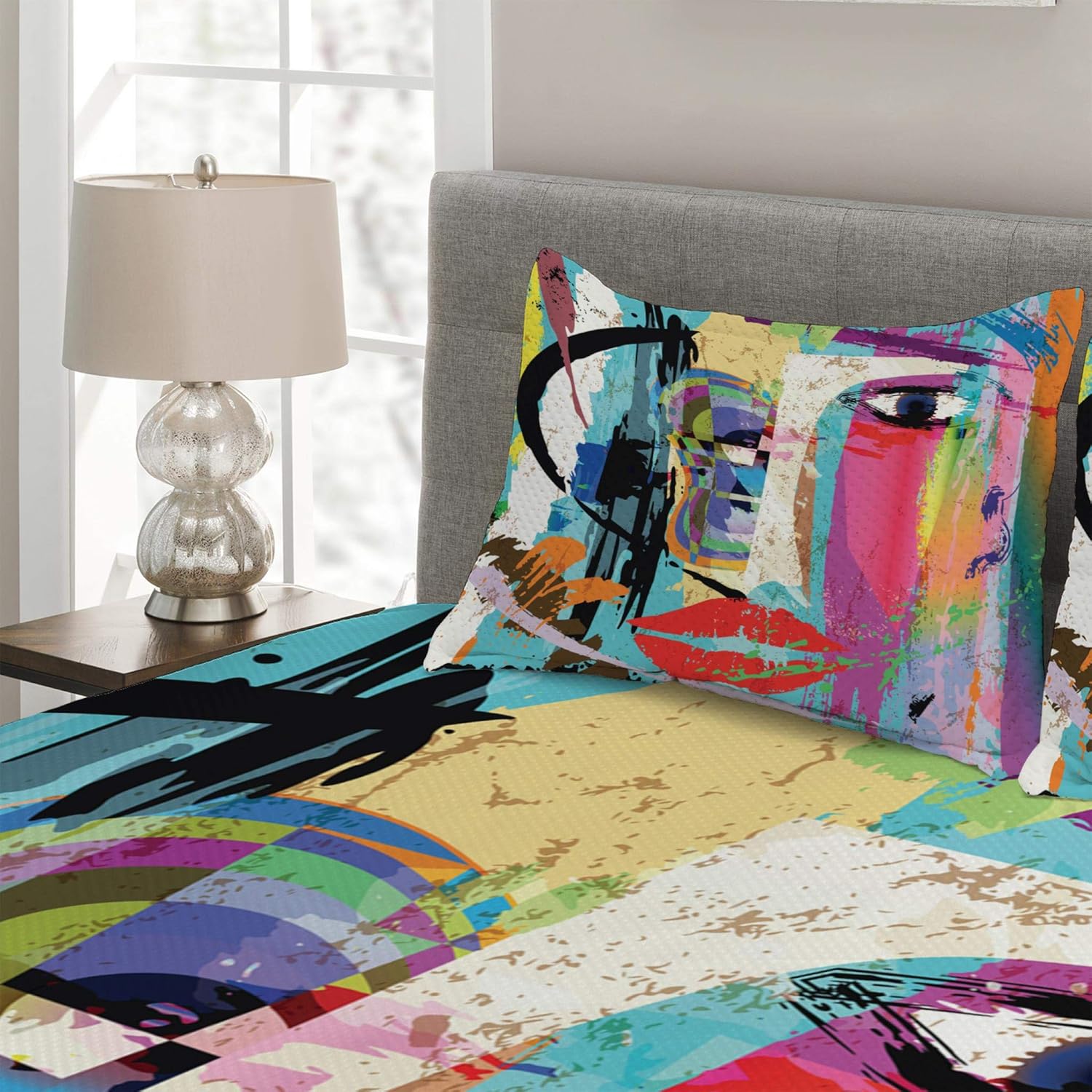 Gеt Dіѕсоunt оƒƒеr Lunarable Abstract Coverlet Set Queen Size, Woman Face Art Composition with Paint Strokes and Splashes Eye Red Lips Grungy, 3 Piece Decorative Quilted Bedspread Set with 2 Pillow Shams, Blue Rainbow