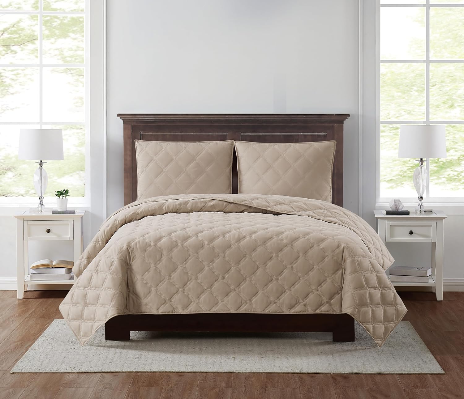 TRULY SOFT Everyday 3D Puff Khaki Polyester 3-Piece Full/Queen Quilt Set, Solid Color Themed, for Men and Women, Oeko-TEX Certified Confidence