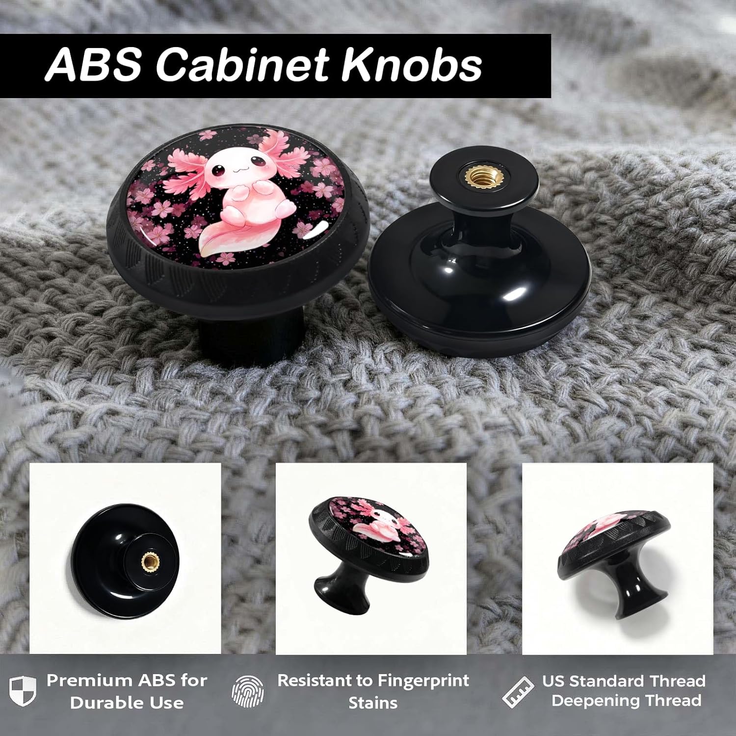 4 Pack Pink Axolotl with Cherry Blossom Cabinet Knobs Round Drawer Pulls Cute Dresser Knob Cupboard Door Handles Hardware for Kitchen Bathroom Cabinets