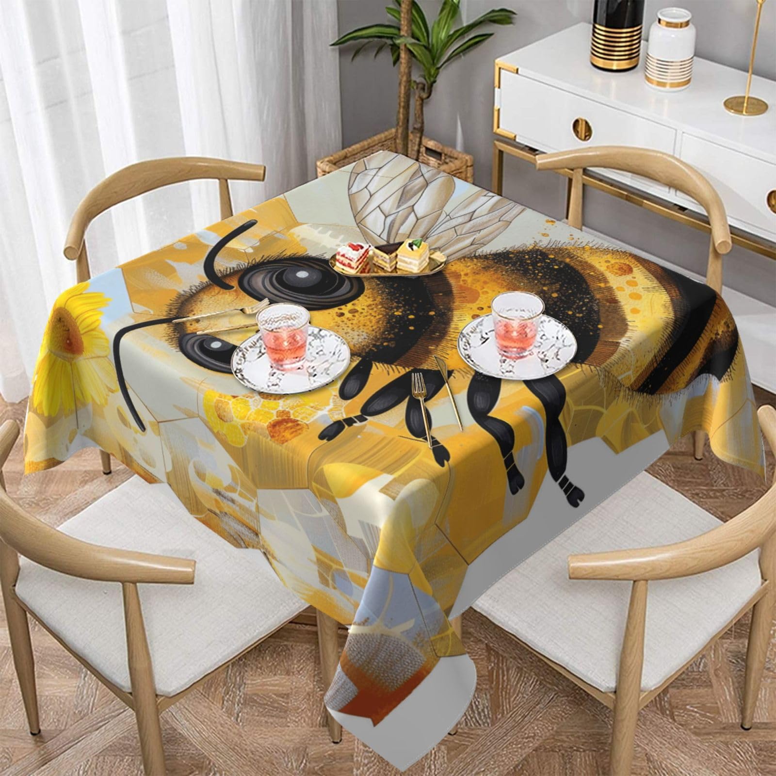 WPKJU Honey Bee Art Printed Square Tablecloth 54x54 inch Water Resistant Table Cover Washable Rectangle Table Cloth for Dining Tables