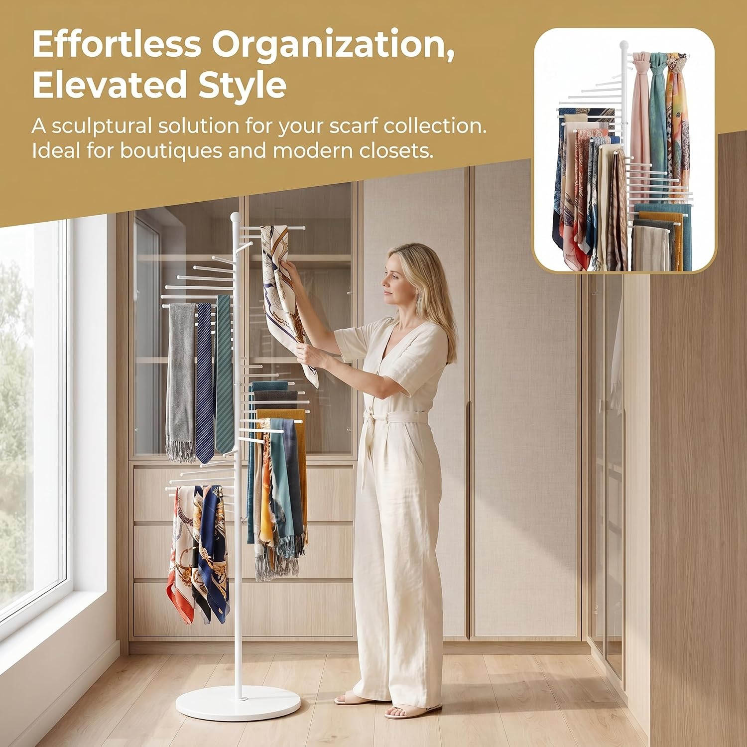 67" Freestanding Spiral Scarf Organizer - 30 Rods Metal Holder, Space Saving Hijab/Belt/Pants Rack for Closet, Clothing Store & Home (White)