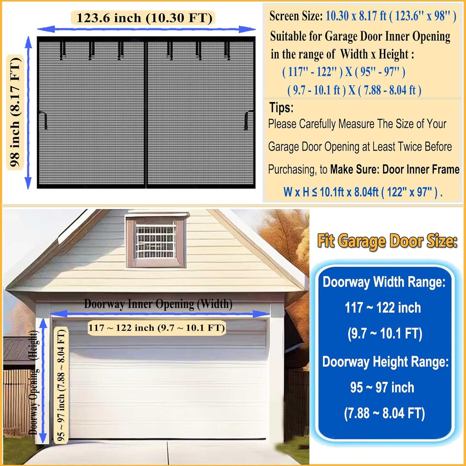 Premium Garage Door Screen for 1 Car Garage 10x8ft, Durable Heavy Duty Fiberglass Screen Mesh 10x8 with Hook & Loop Tapes, Strips, Doors Screen with Powerful Magnets, Easy Assembly (120'' x 96'', BK)
