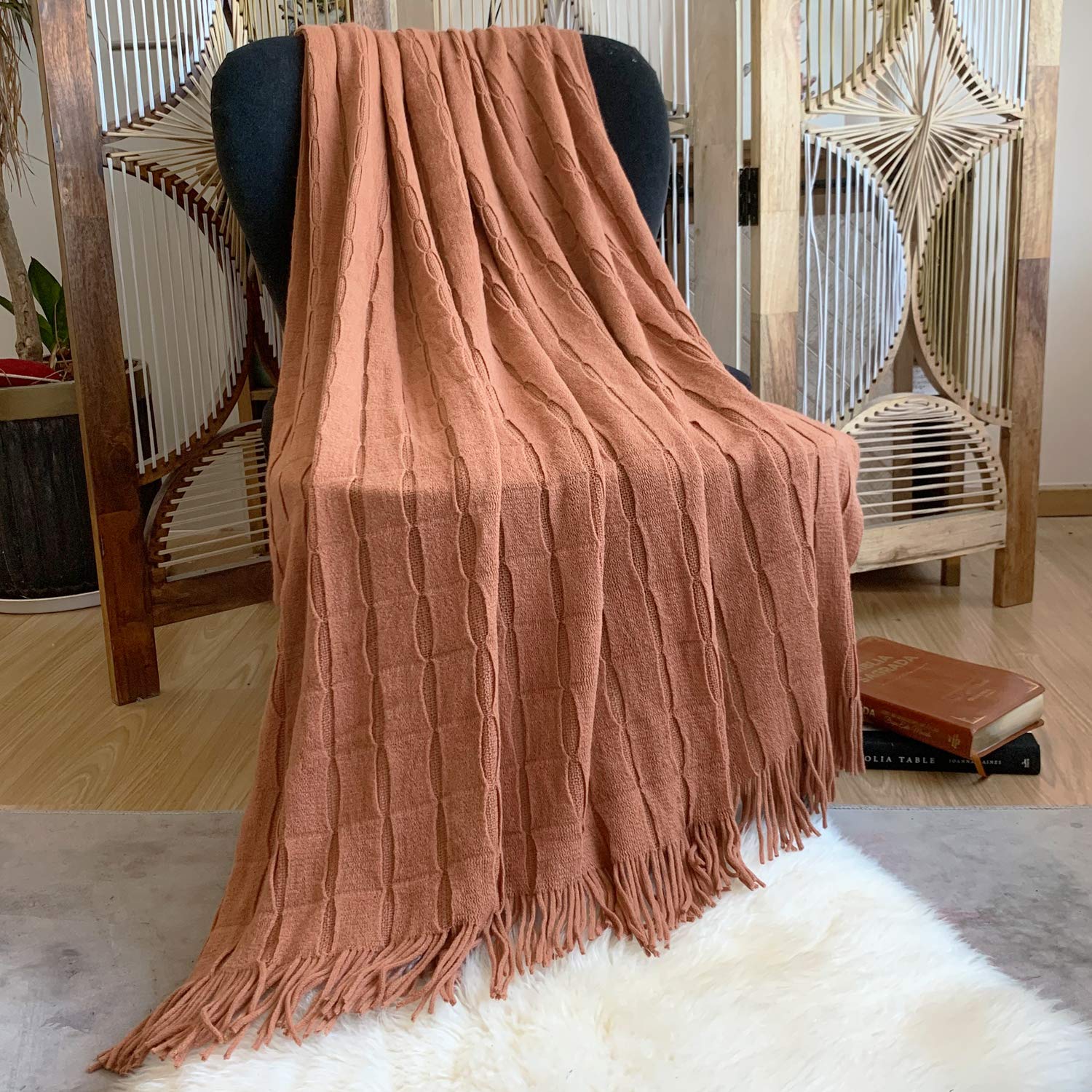 DISSA Knit Blanket Woven Blanket Throws for Sofa Throws for Couch Blanket Cover Boho Throw Blanket for Bed Cozy Super Soft Solid Plush Decorative Throw Blanket with Tassels (Sunset Brown, 50"x60")