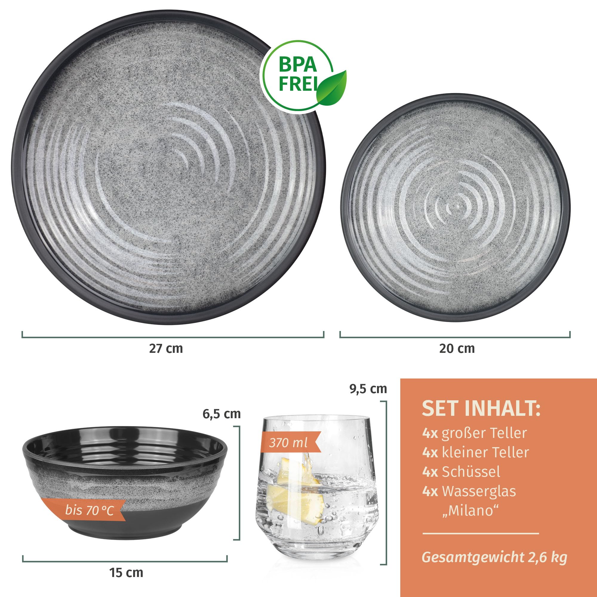 Moritz - Ensemble de vaisselle de camping en mélamine pour 4 personnes - Gris pierre + 4 verres Milano - Vaisselle de table - Vaisselle pour pique-nique, barbecue, ustensiles de cuisine