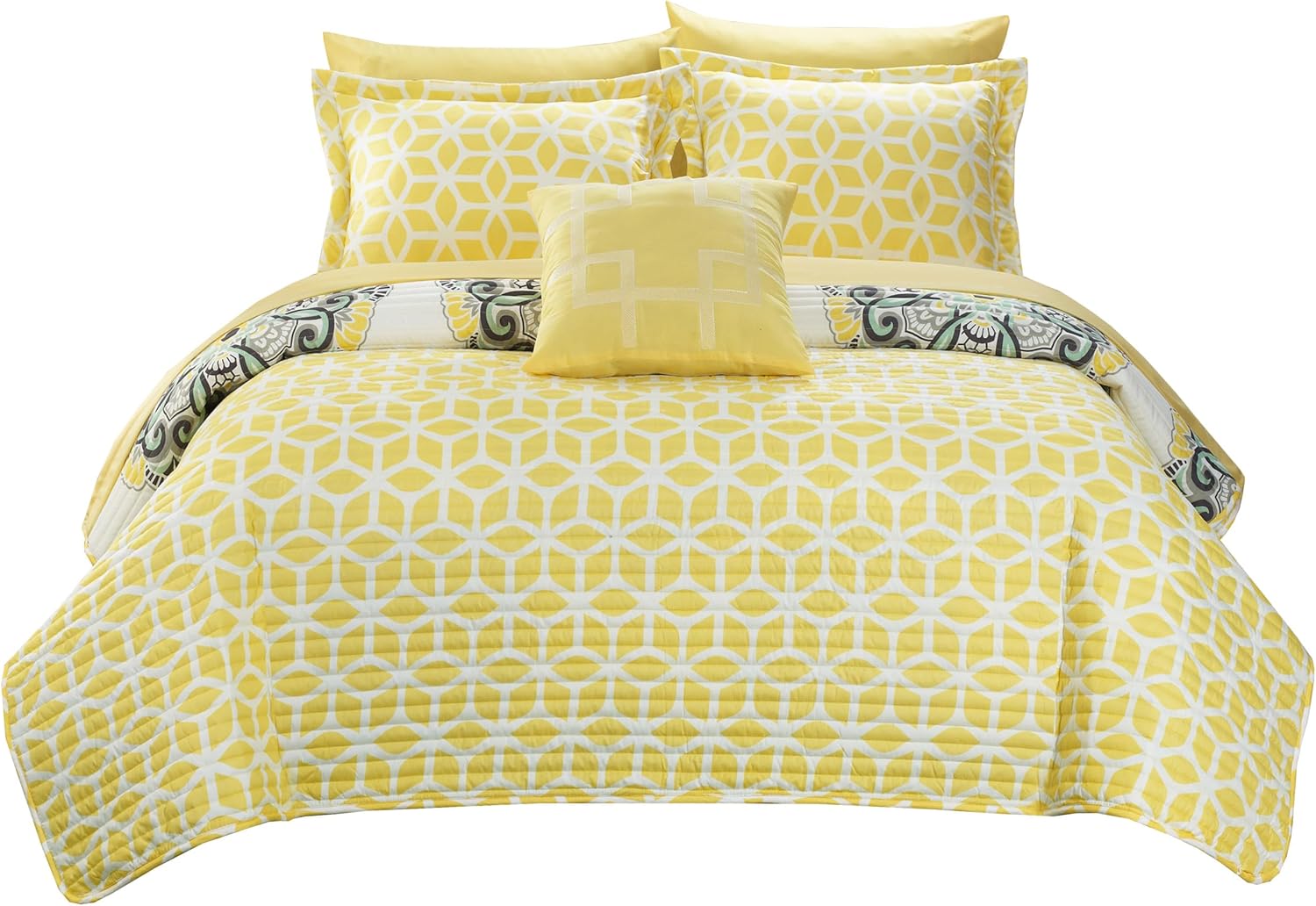 Chic Home Yellow Reversible Bed in a Bag Quilt Set, Twin Size (3 Piece), Madrid - Microfiber Bedding with Geometric Medallion Boho Pattern Print - Quilt, Pillow Sham and Decorative Pillow