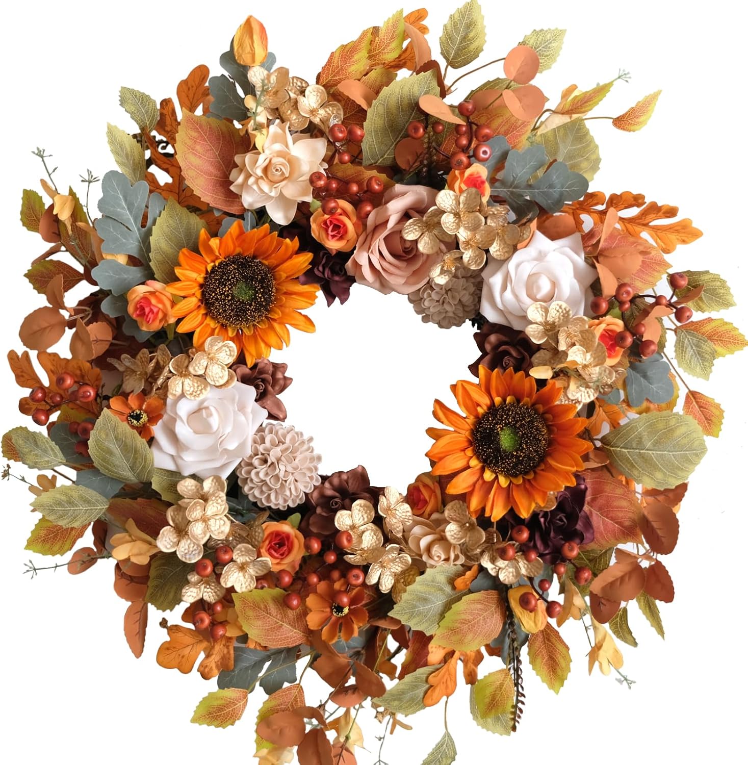 22 Inch Fall Wreaths for Front Door Artificial Flower Wreath with Sunflowers Leaves Large Autumn Farmhouse Wreath for Inside Outside Wall Porch Harvest Thanksgiving Day Decor