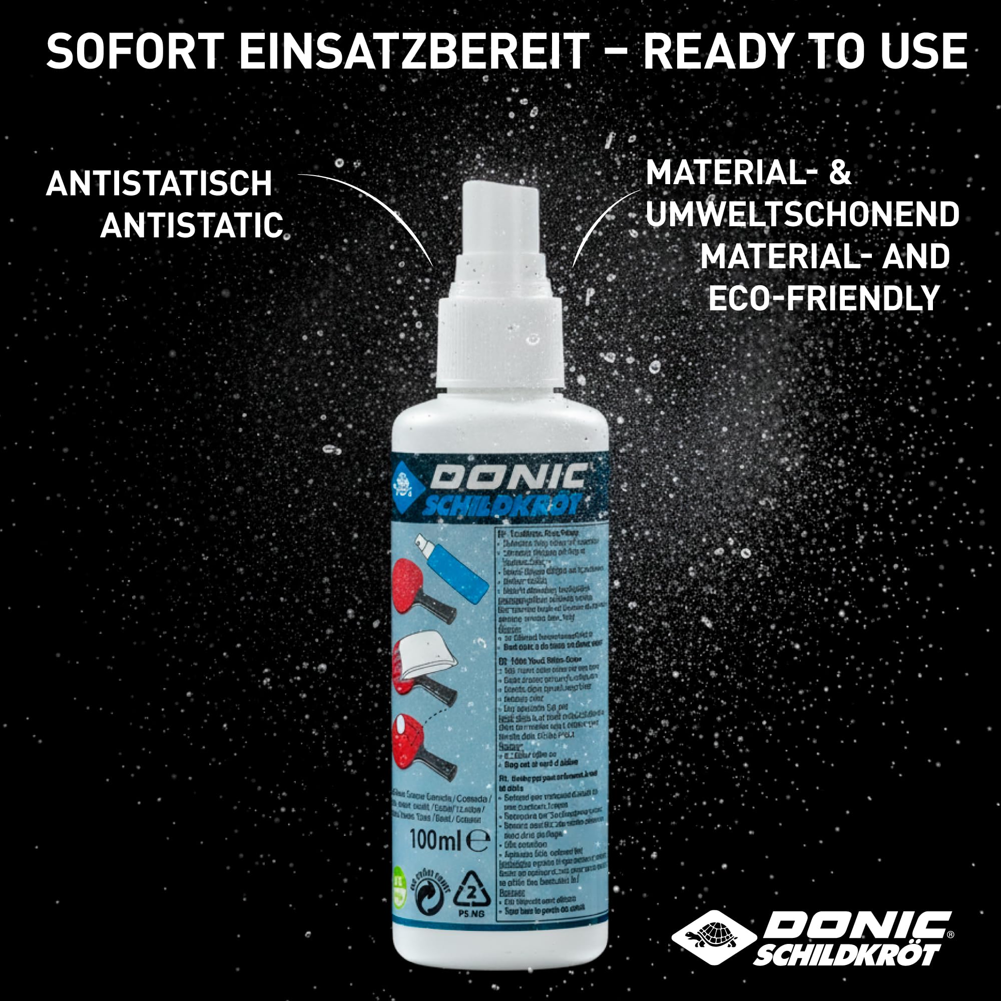 Schildkröt Donic-Schildkröt 828529 zestaw do czyszczenia tenisa stołowego, 100 ml, środek do czyszczenia nakładek w rozpylaczu z pompką i gąbką do czyszczenia, do odświeżania wykładzin rakietowych