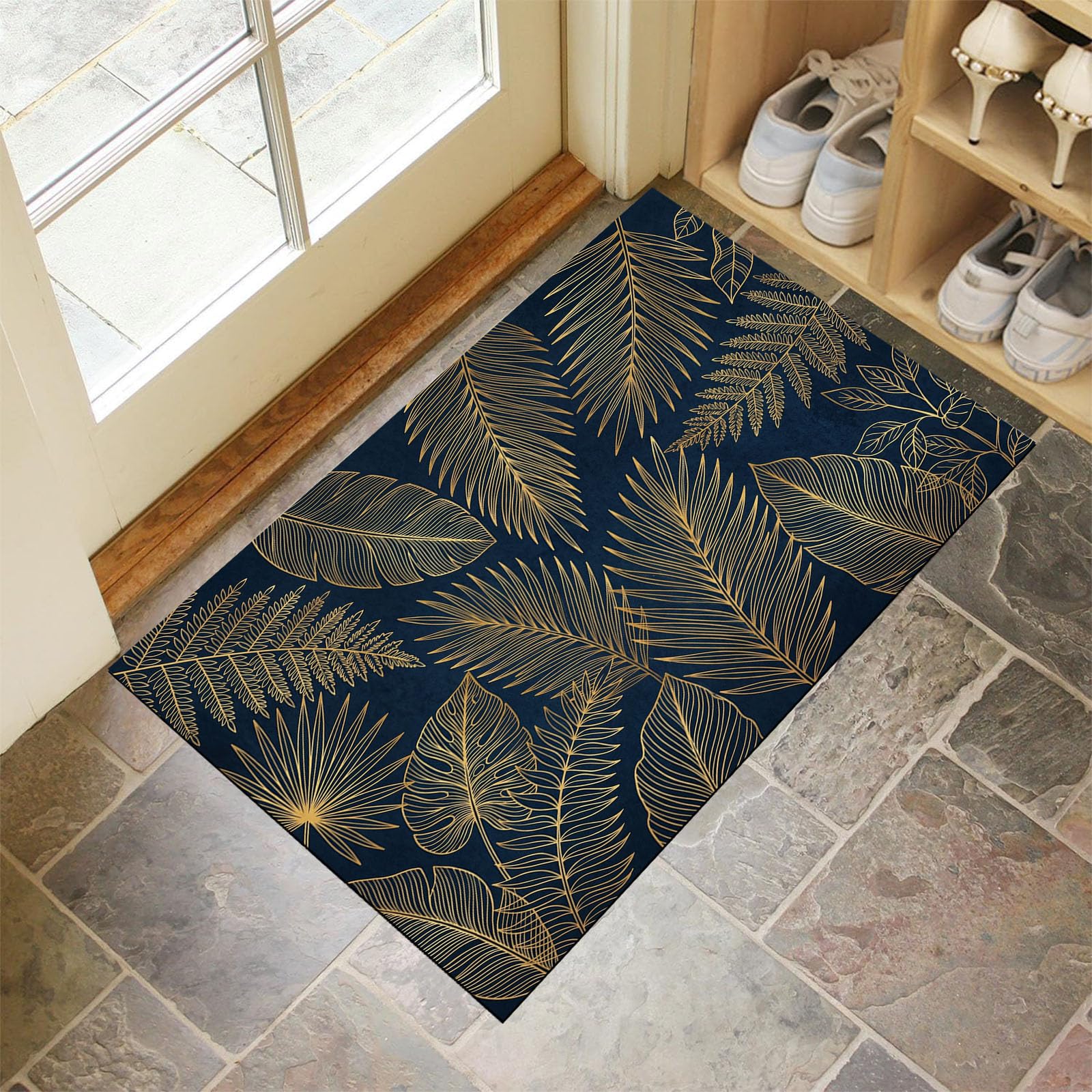 Zerbino Ingresso Interno Texture Fogliare Di Lusso, Zerbino Di Benvenuto Lavabile Morbida Retro Tropical Plants, Antiscivolo Tappeto Da Decorazioni Nero Per Casa Porta D'Ingresso, 90X150Cm