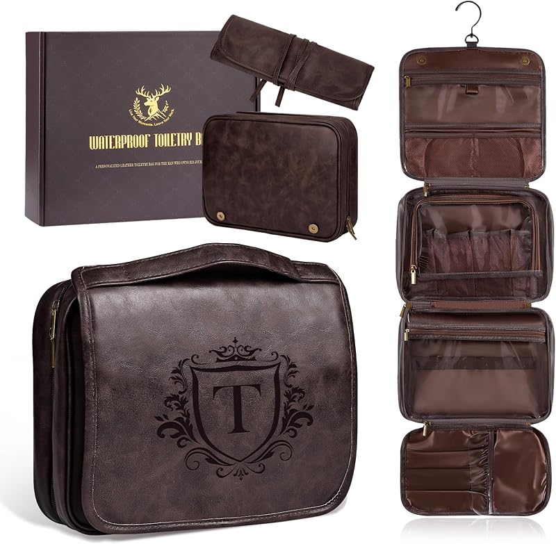 Necessaire masculina suspensa personalizada com inicial, 3 em 1, de PU, marrom-escuro