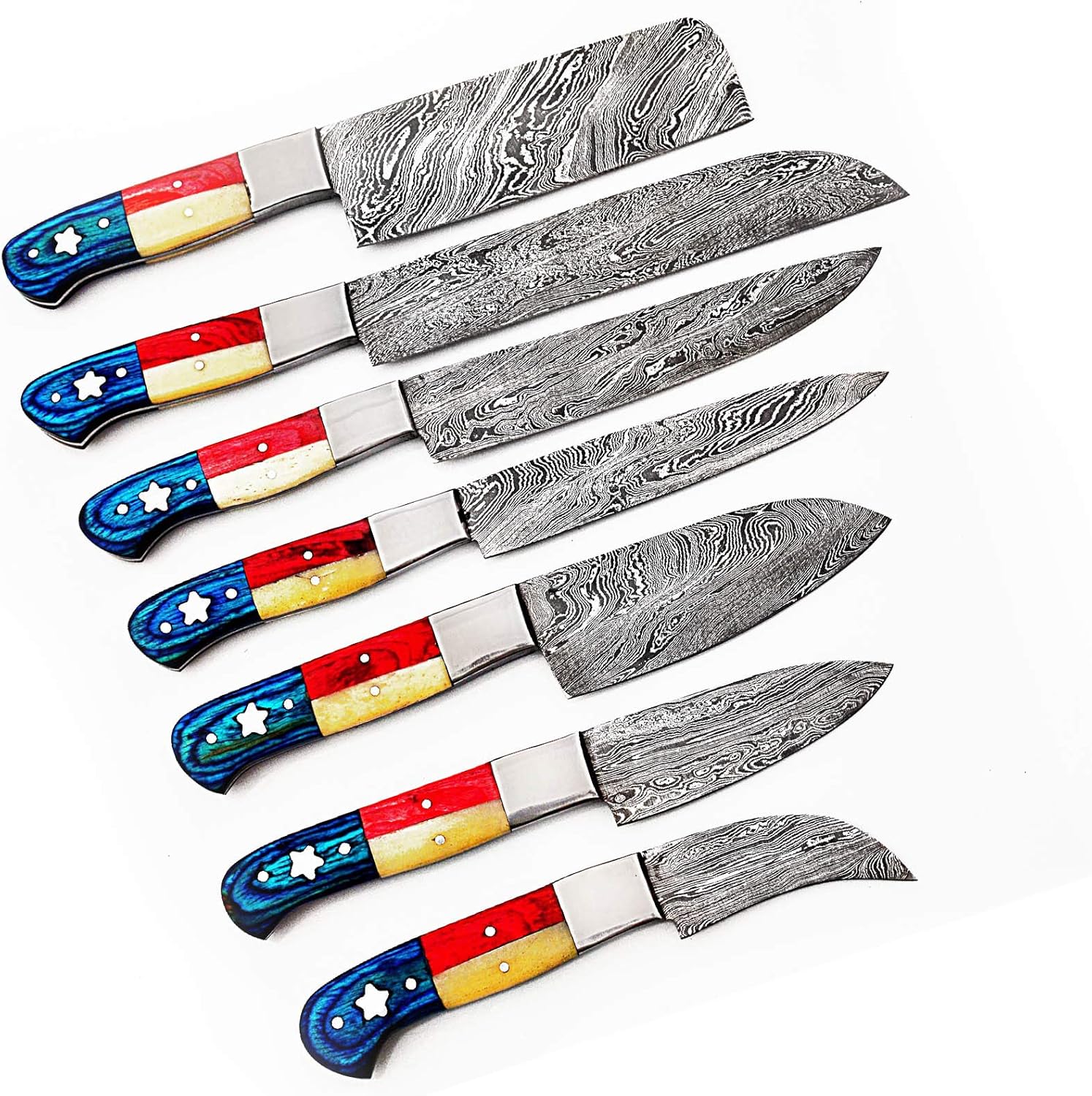 Smart & Sharp Custom Handmade Damascus Chef Knives Set/Kitchen Knives 7 Pieces Set SS-17309, (Red, Blue Wood and Bone)